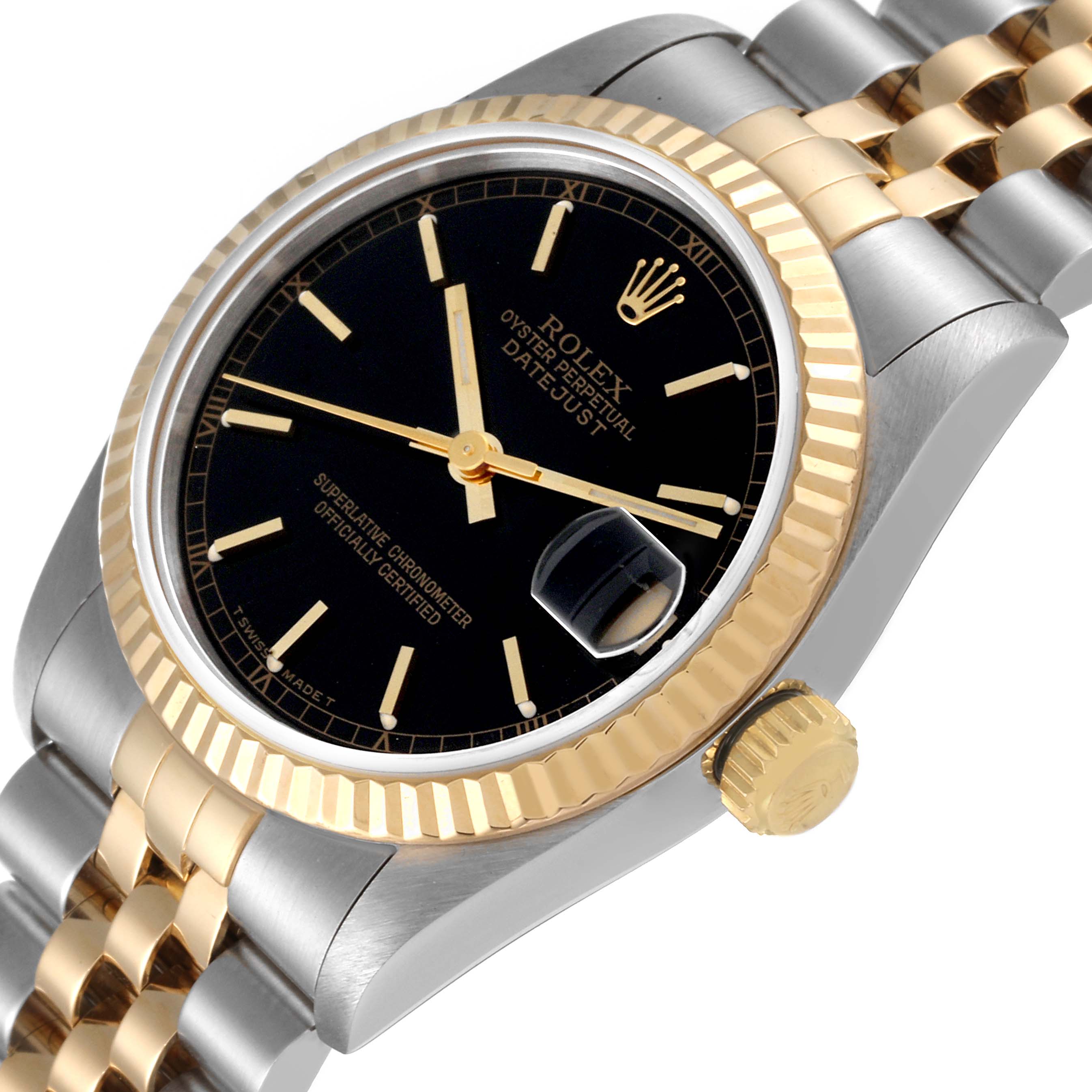 The image shows a close-up view of the Rolex Mid-Size 68273 Women
s Steel and Gold (two tone) Black Dial 68273 Women
s Steel and Gold (two tone) Black Dial Datejust watch, highlighting the dial, bezel, crown, and part of the bracelet.
