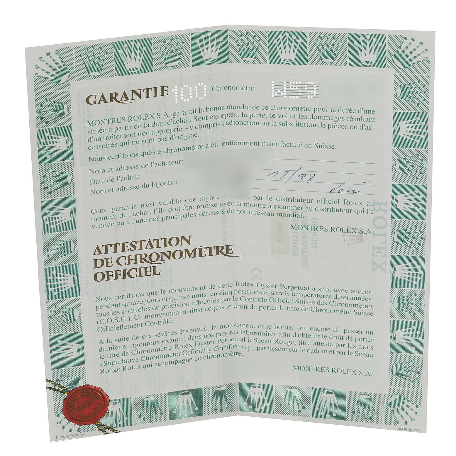 The image shows a Rolex guarantee certificate and official chronometer certification for a Rolex Mid-Size 68273 Women
s Steel and Gold (two tone) Black Dial 68273 Women
s Steel and Gold (two tone) Black Dial model.