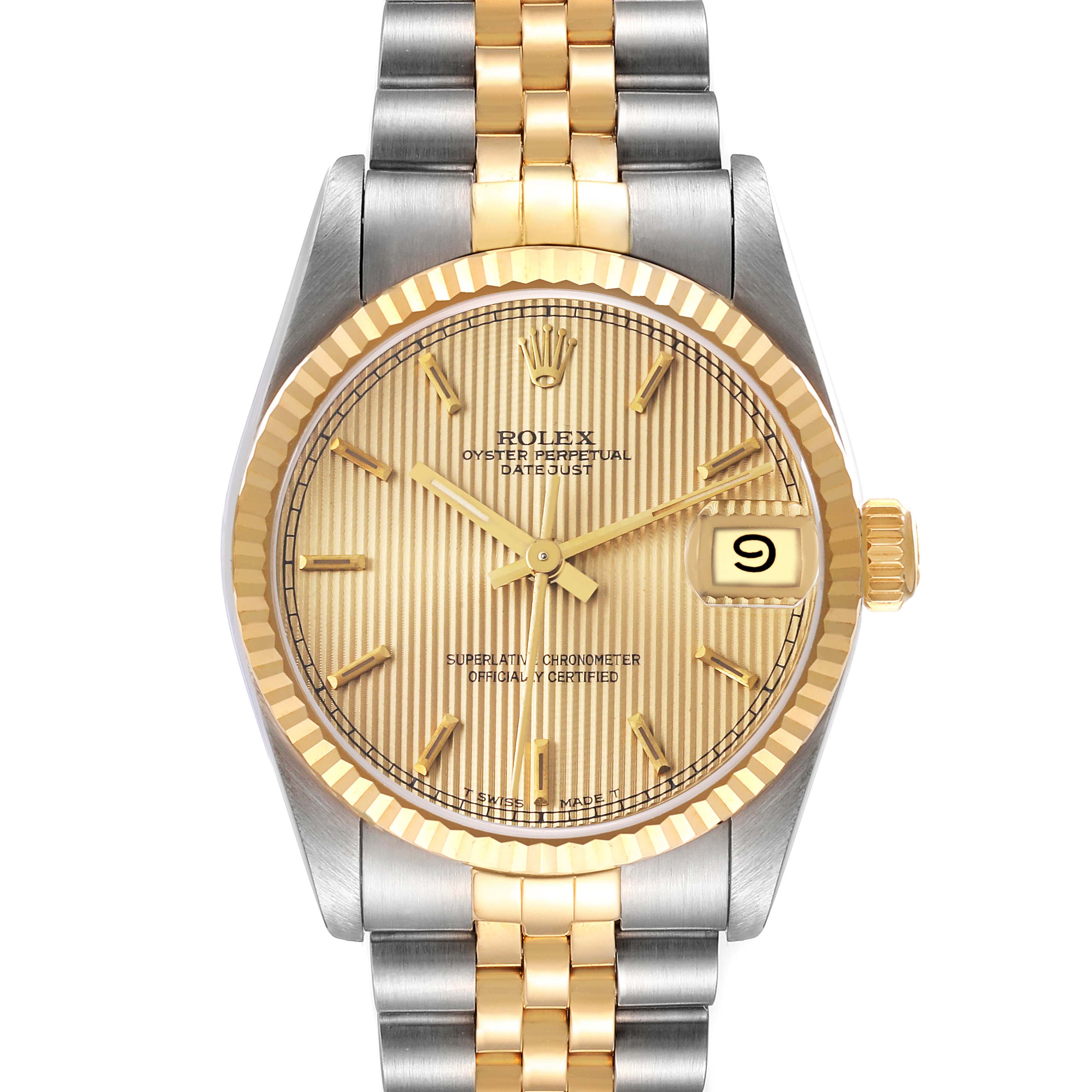 The image shows a front view of the Rolex Oyster Perpetual Datejust Mid-Size watch, highlighting the watch face, bezel, and bracelet.