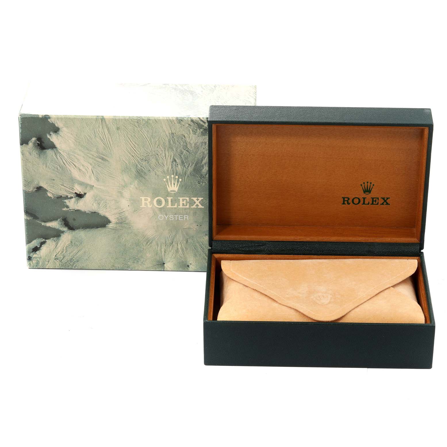 This image shows the packaging of a Rolex Mid-Size 68273 Women
s Steel and Gold (two tone) Champagne Dial 68273 Women
s Steel and Gold (two tone) Champagne Dial model watch, including an outer box, inner box, and a suede pouch.