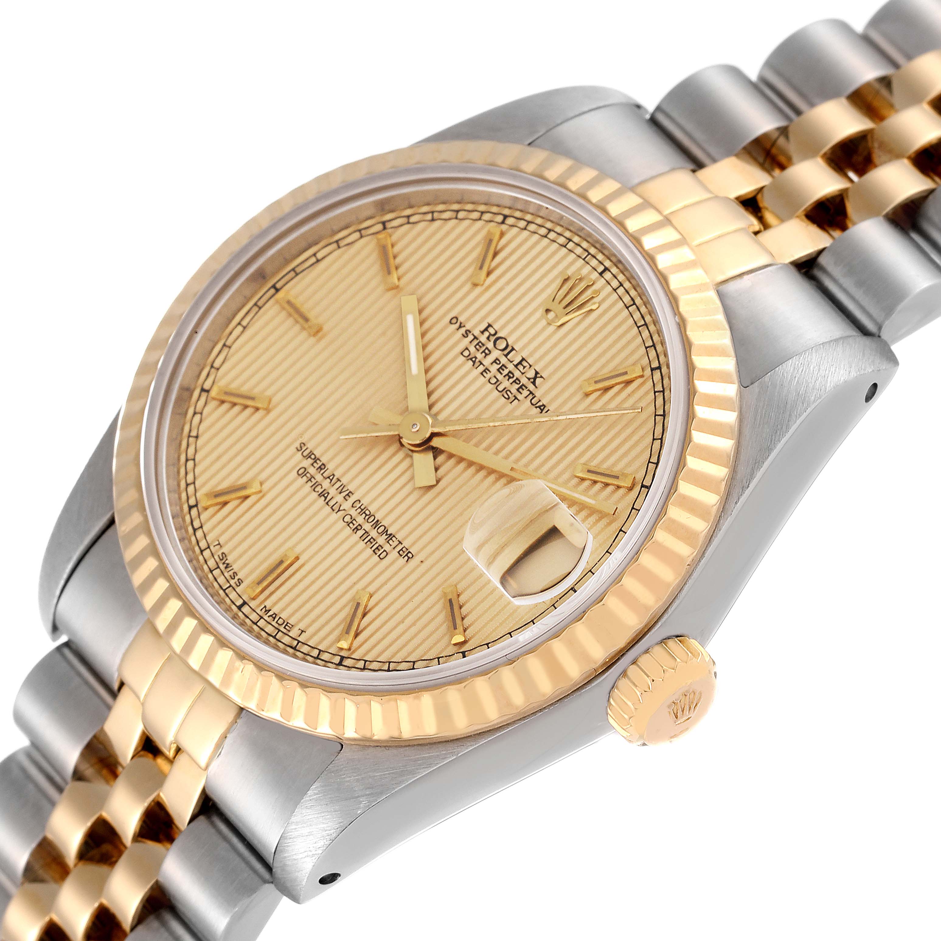 The image shows a Rolex Mid-Size 68273 Women
s Steel and Gold (two tone) Champagne Dial 68273 Women
s Steel and Gold (two tone) Champagne Dial model watch from an angled top view, highlighting the dial, bezel, crown, and part of the bracelet.