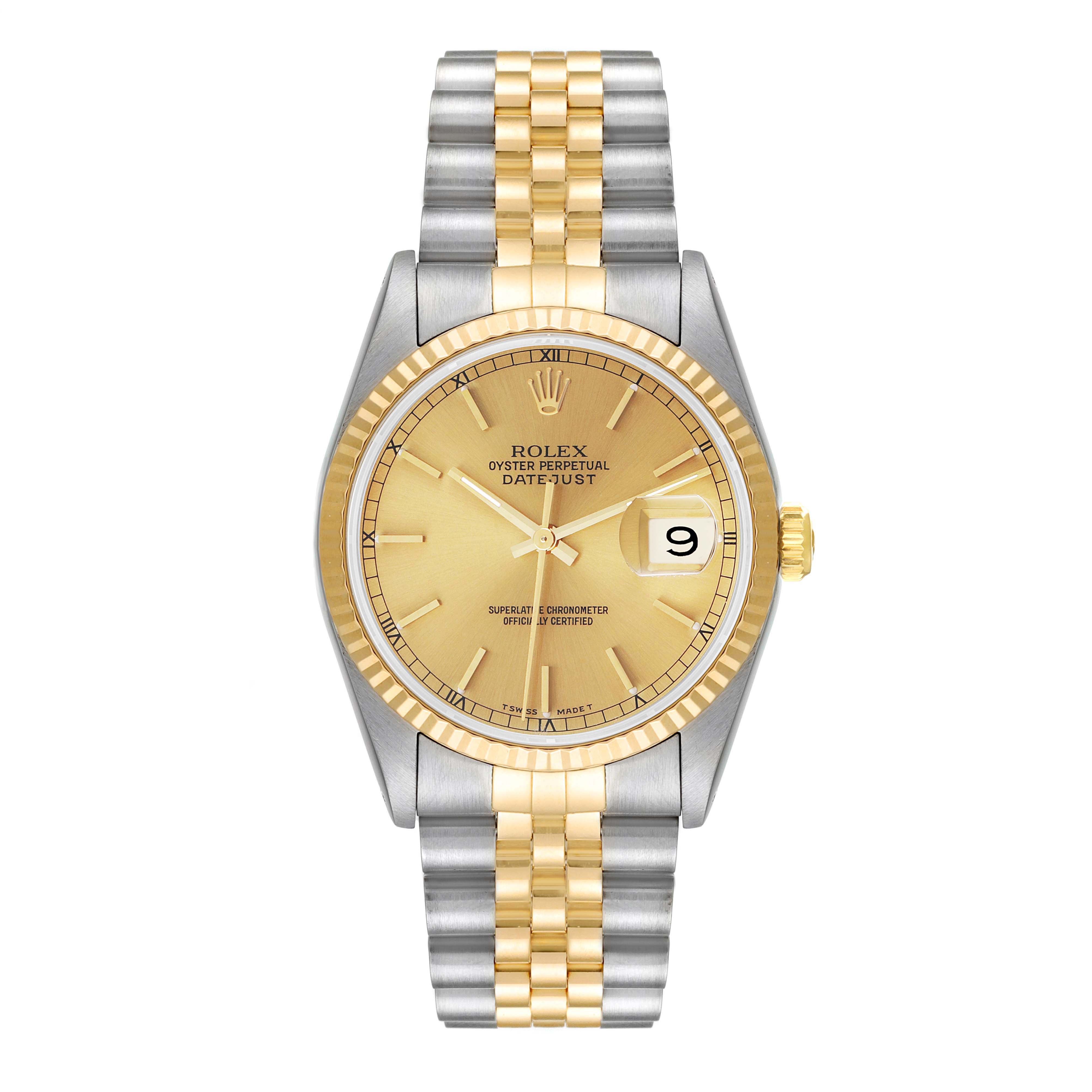 This image shows a front view of the Rolex Datejust 16233 Men's Steel and Gold (two tone) Champagne Dial 16233 Men's Steel and Gold (two tone) Champagne Dial watch, featuring its dial, bezel, and bracelet.