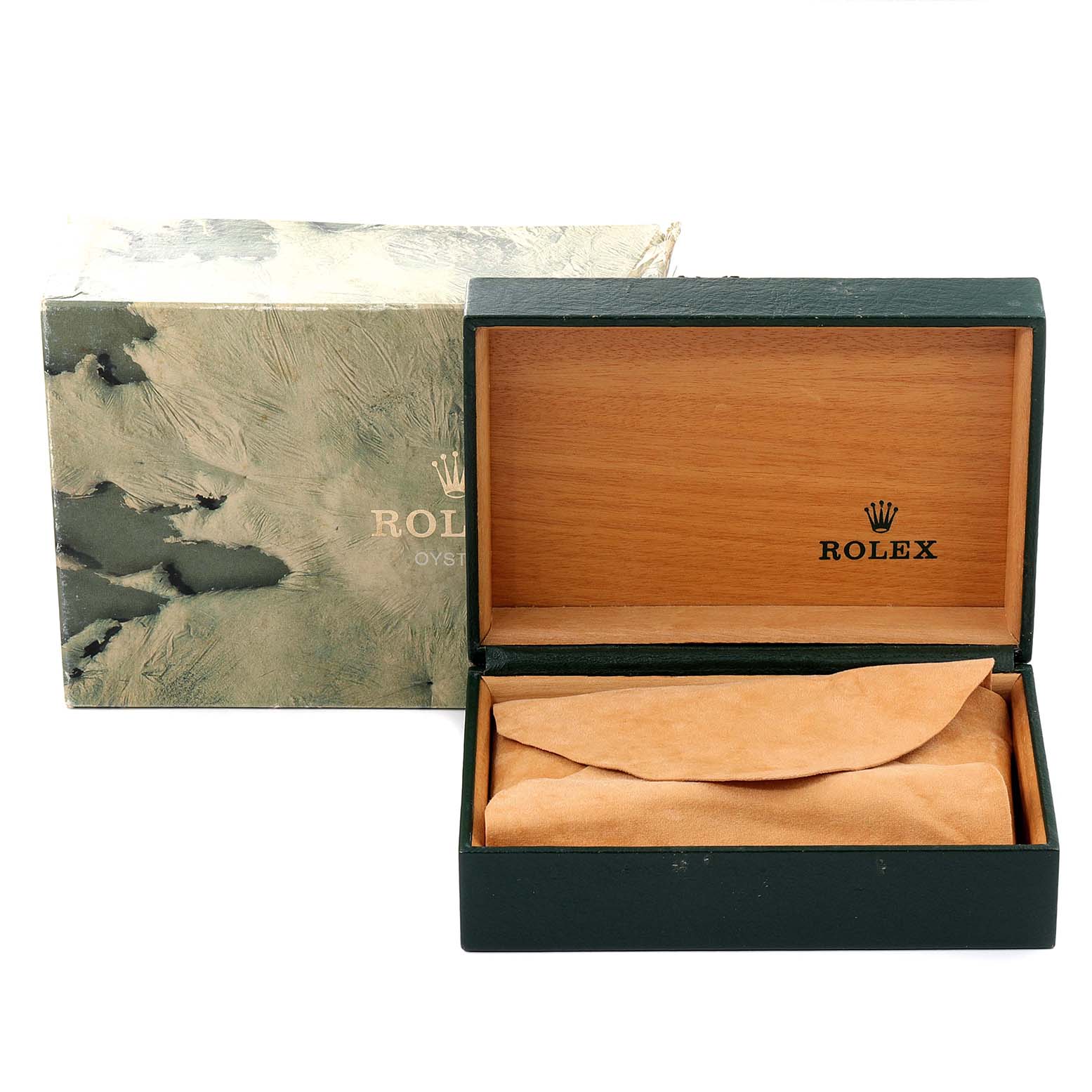 The image shows a Rolex Datejust 16233 Men's Steel and Gold (two tone) Champagne Dial 16233 Men's Steel and Gold (two tone) Champagne Dial watch box with a wooden interior, open lid, and a suede pouch inside.