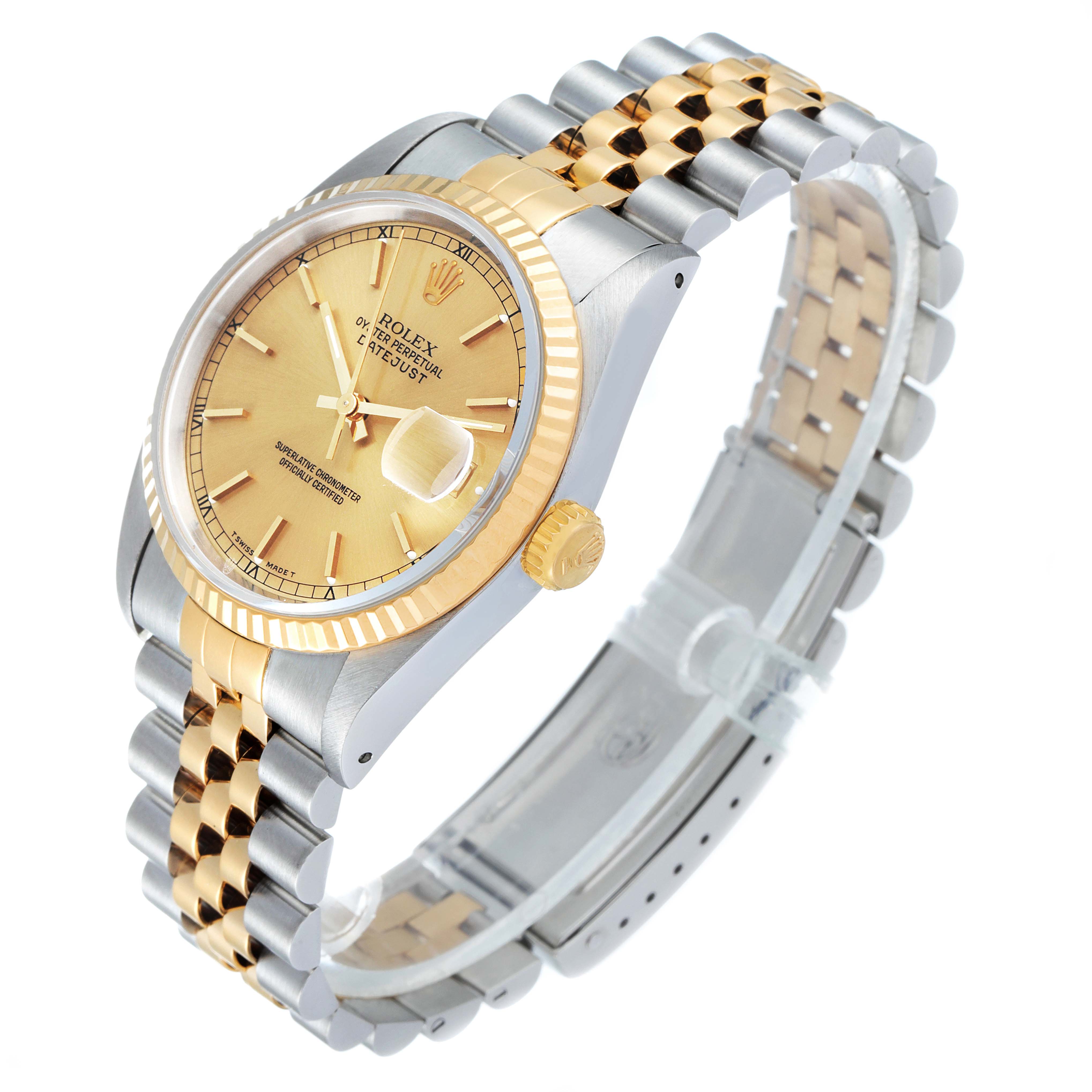 The Rolex Datejust 16233 Men's Steel and Gold (two tone) Champagne Dial 16233 Men's Steel and Gold (two tone) Champagne Dial watch is shown at a three-quarter angle, displaying the dial, crown, and bracelet clearly.
