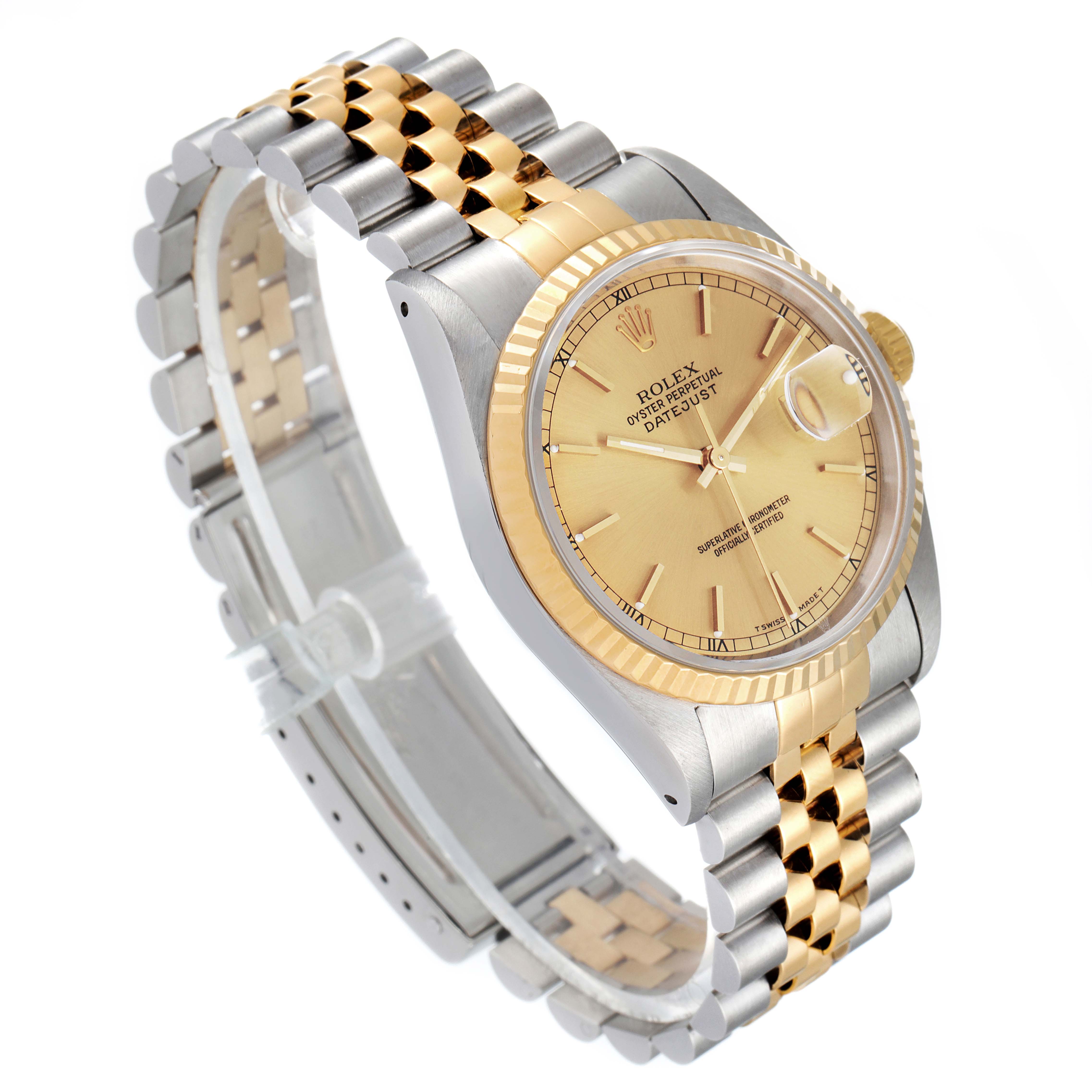 This image shows a Rolex Datejust 16233 Men's Steel and Gold (two tone) Champagne Dial 16233 Men's Steel and Gold (two tone) Champagne Dial watch at a three-quarter angle, highlighting the dial, bezel, and bracelet.