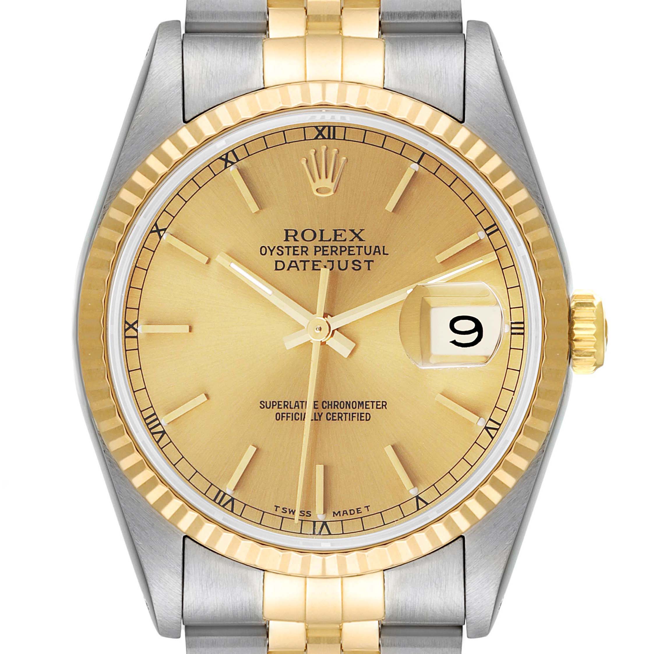 The image shows a frontal view of a Rolex Datejust 16233 Men's Steel and Gold (two tone) Champagne Dial 16233 Men's Steel and Gold (two tone) Champagne Dial watch, displaying the face, crown, and part of the bracelet.