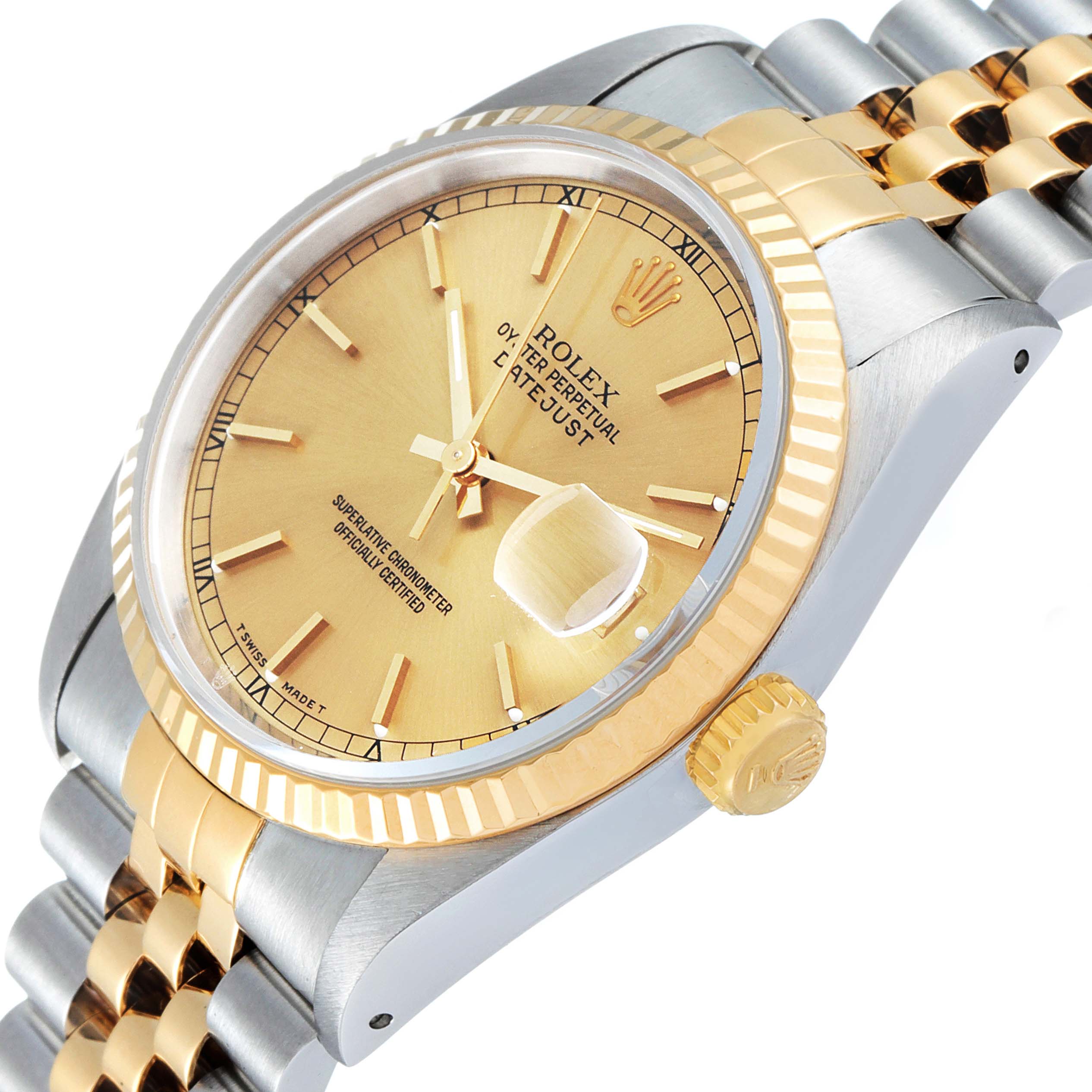 The image shows a Rolex Datejust 16233 Men's Steel and Gold (two tone) Champagne Dial 16233 Men's Steel and Gold (two tone) Champagne Dial watch from an angled side view, highlighting the bezel, dial, crown, and part of the bracelet.