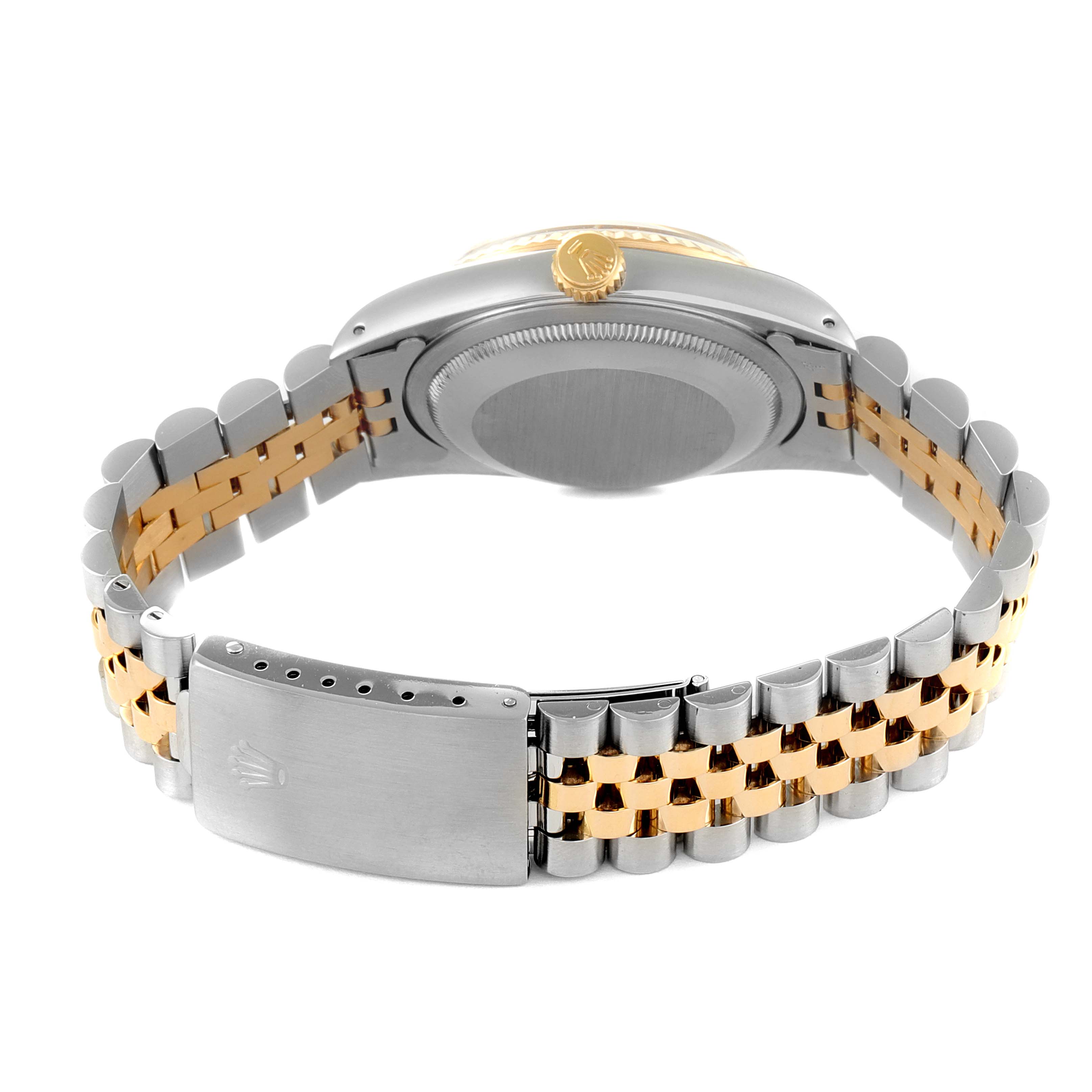 The image shows the backside, bracelet, and clasp of a Rolex Datejust 16233 Men's Steel and Gold (two tone) Champagne Dial 16233 Men's Steel and Gold (two tone) Champagne Dial watch.