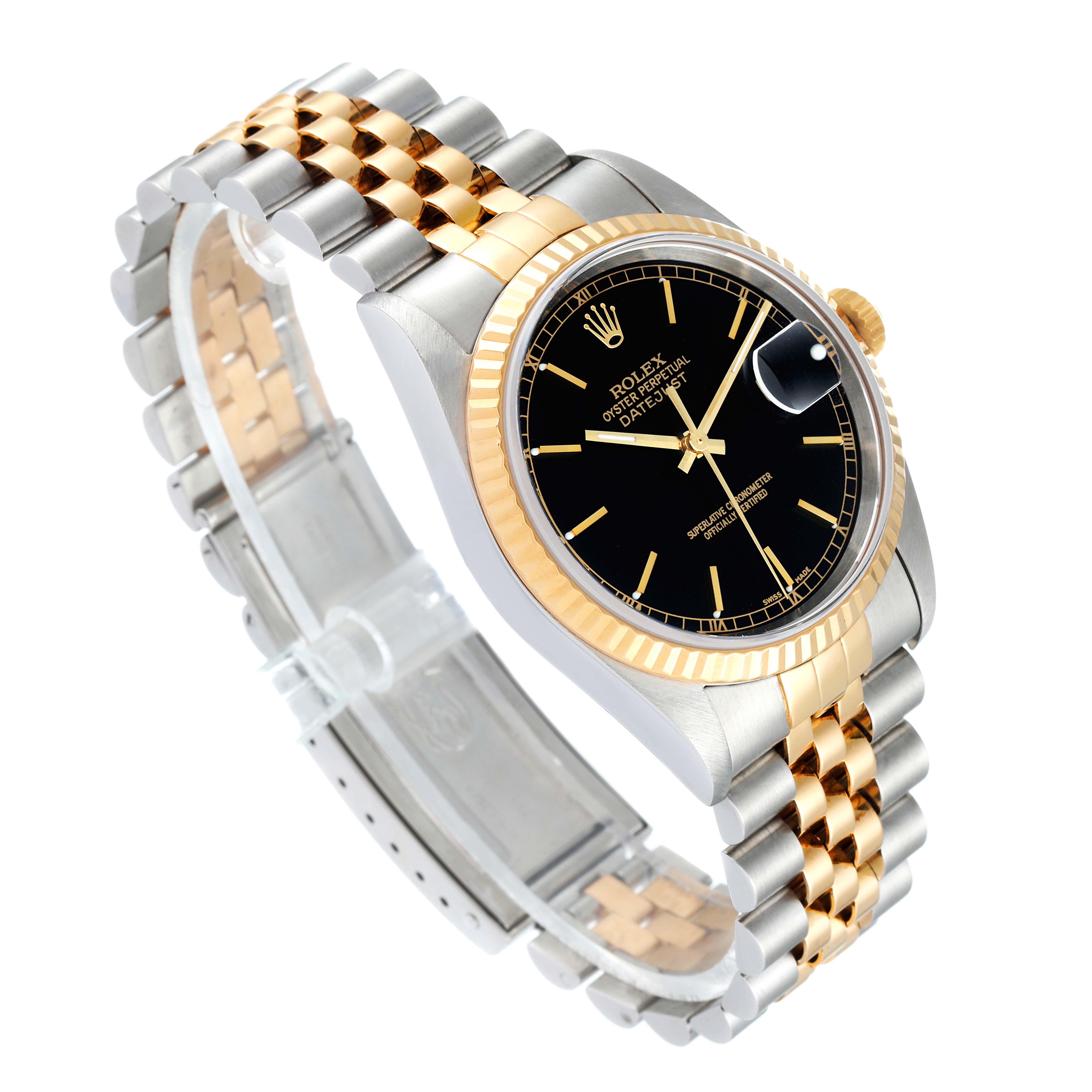 The Rolex Datejust 16233 Men's Steel and Gold (two tone) Black Dial 16233 Men's Steel and Gold (two tone) Black Dial watch is shown at a three-quarter angle displaying the face, crown, and two-tone metal bracelet.