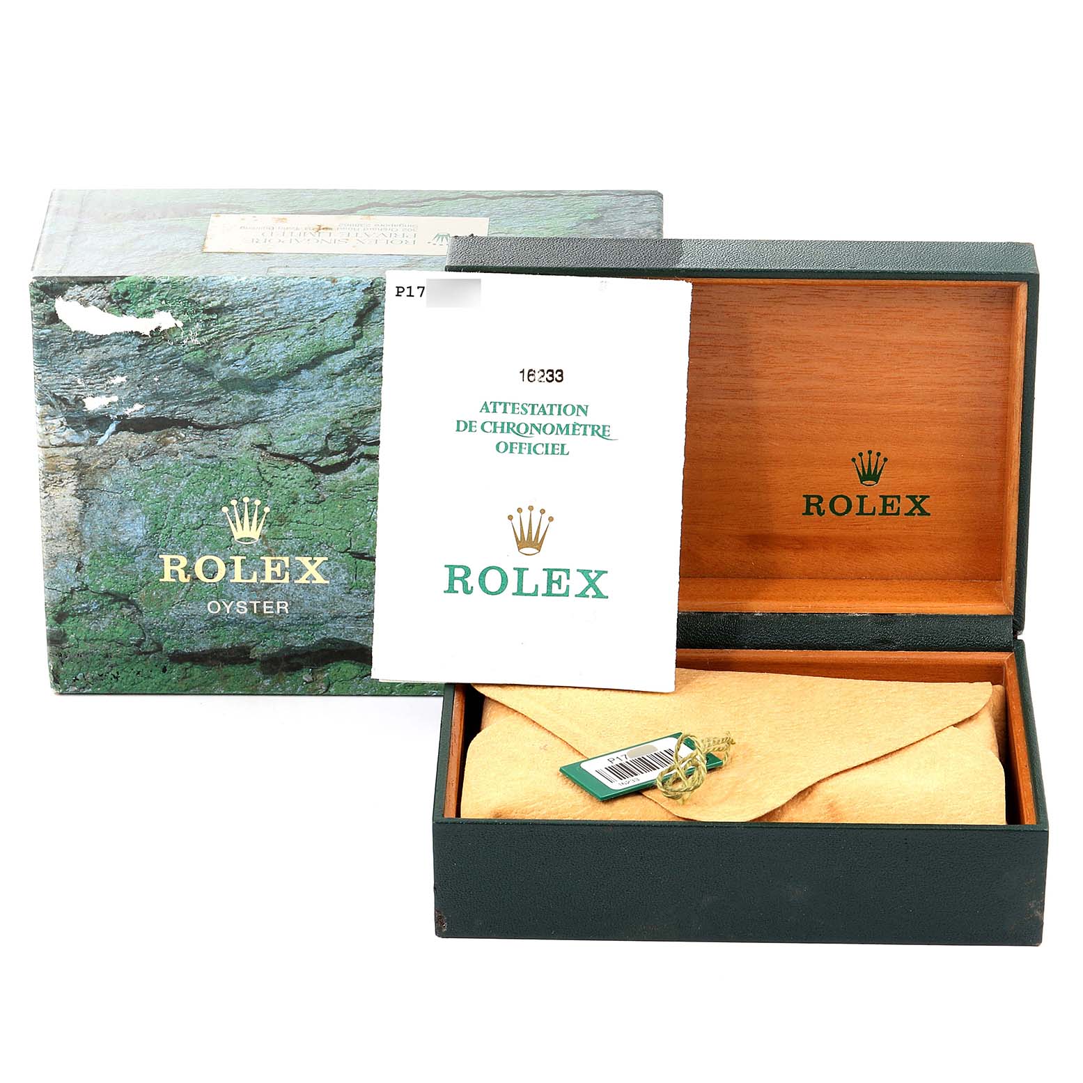 The image shows the packaging, including the outer box, inner box, and official booklet, for a Rolex Datejust 16233 Men's Steel and Gold (two tone) Black Dial 16233 Men's Steel and Gold (two tone) Black Dial watch.