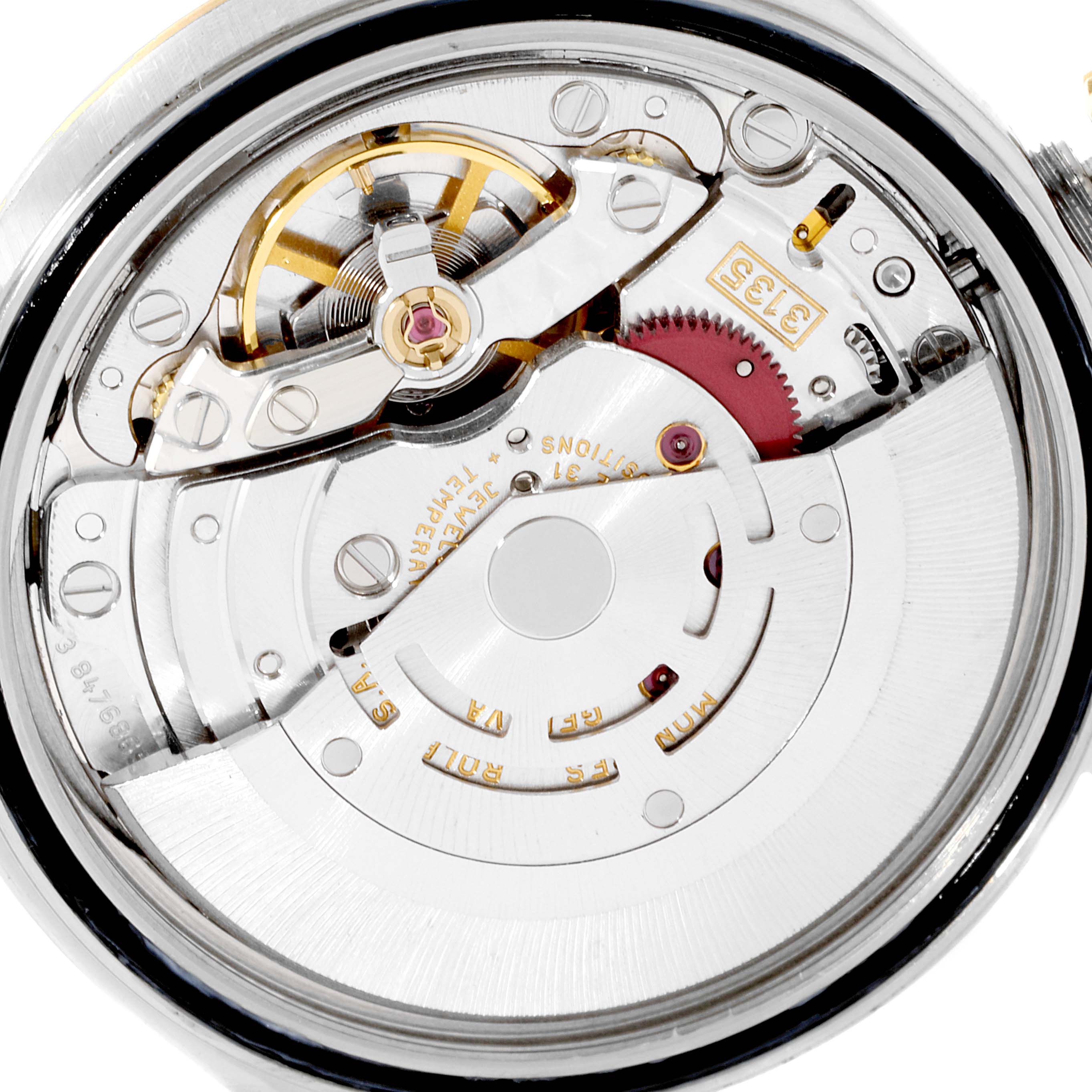 This image shows the internal movement mechanism of a Rolex Datejust 16233 Men's Steel and Gold (two tone) Black Dial 16233 Men's Steel and Gold (two tone) Black Dial watch from a straight-on angle.