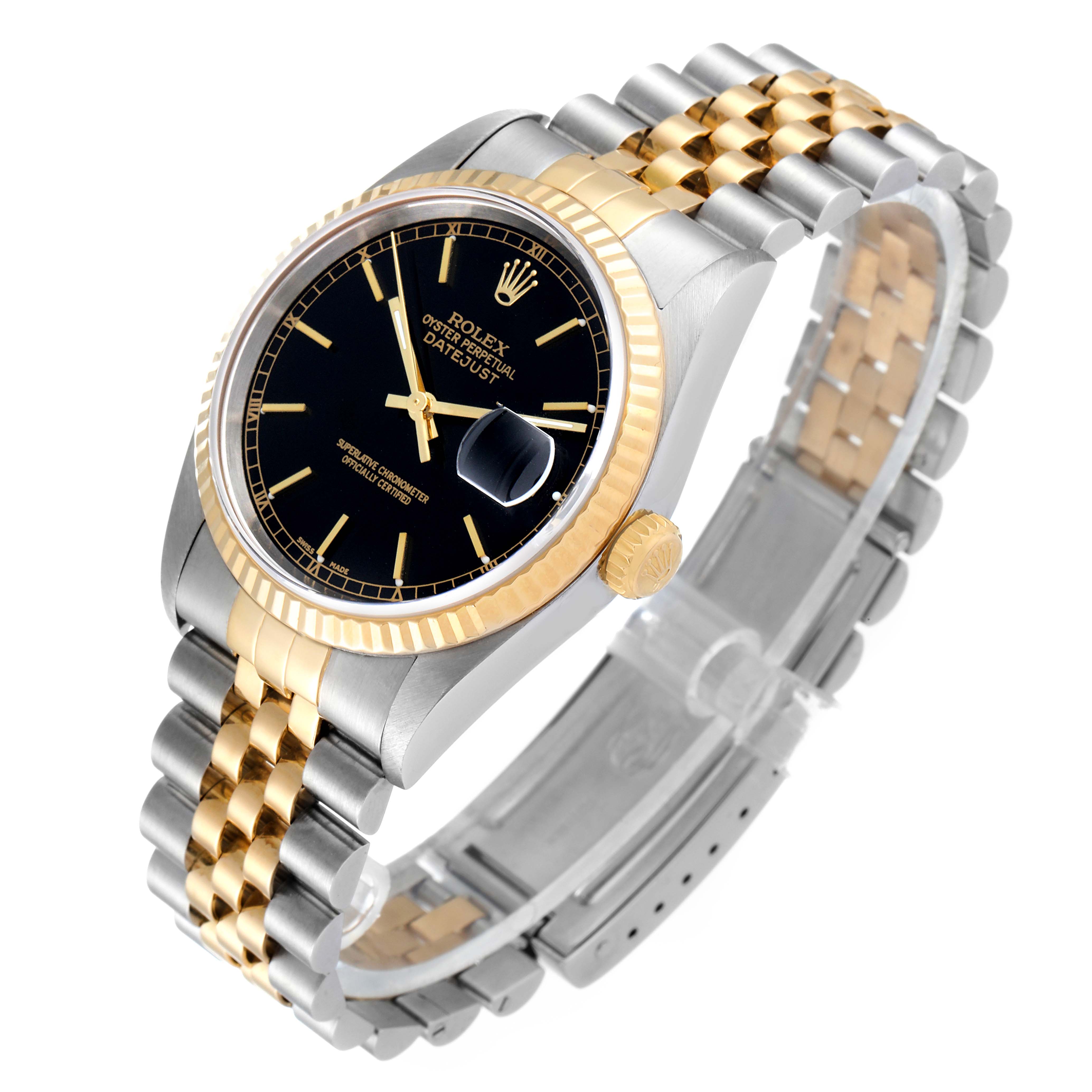 The image shows a Rolex Datejust 16233 Men's Steel and Gold (two tone) Black Dial 16233 Men's Steel and Gold (two tone) Black Dial watch from a three-quarter angle, highlighting the dial, bezel, case, crown, and bracelet.