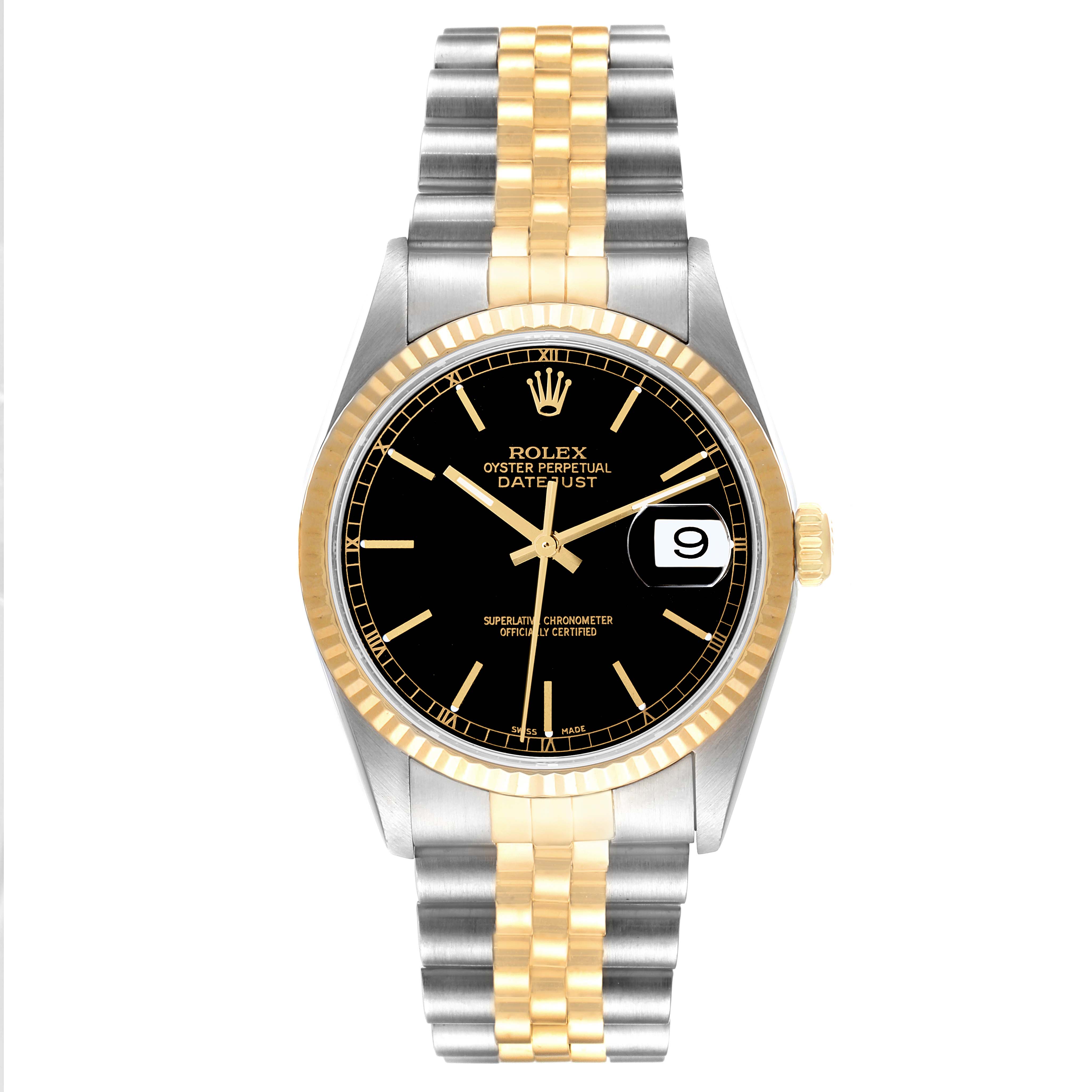This image shows a front view of the Rolex Datejust 16233 Men's Steel and Gold (two tone) Black Dial 16233 Men's Steel and Gold (two tone) Black Dial watch, featuring a black dial, two-tone bracelet, and fluted bezel.