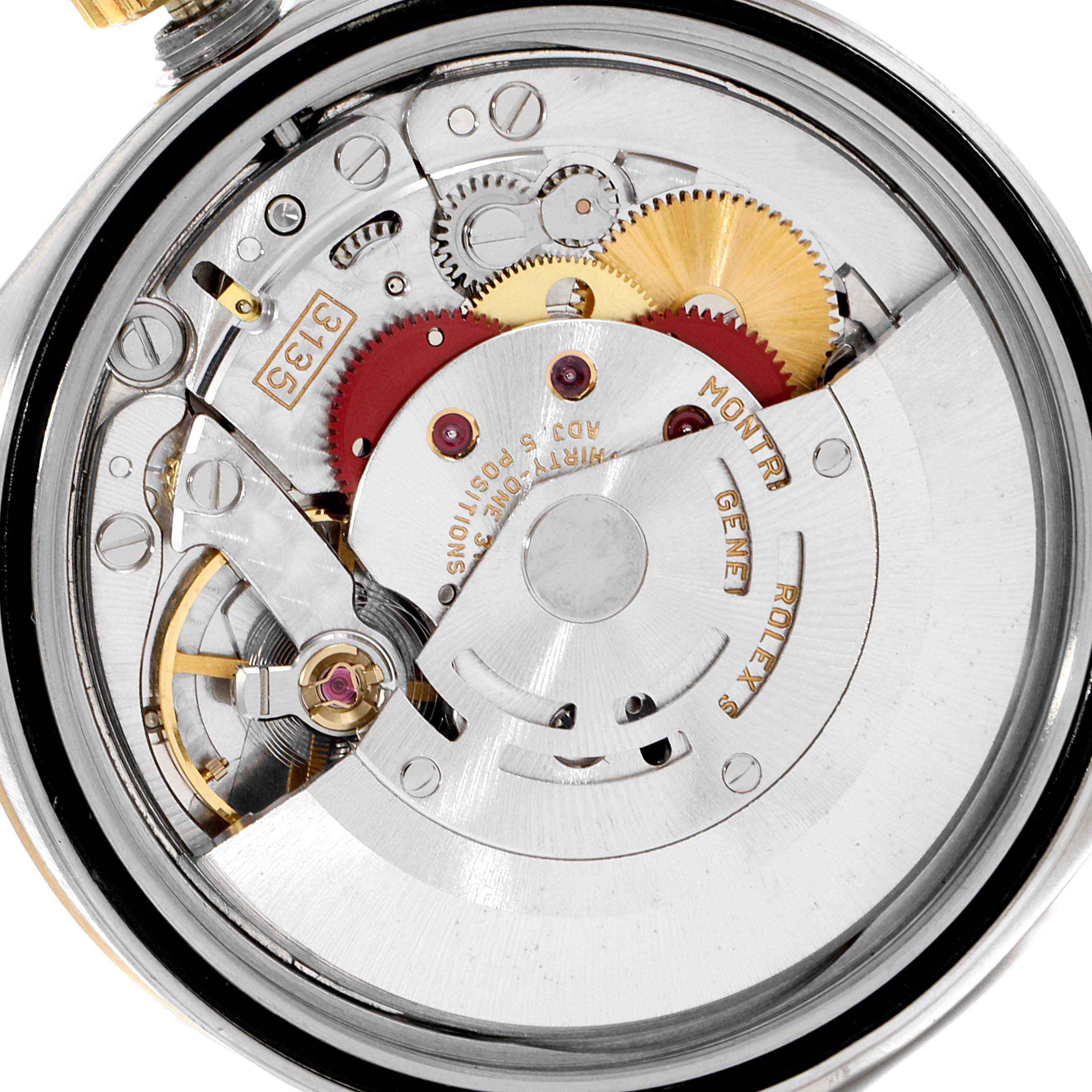 This image shows a close-up of the movement and inner workings of a Rolex Datejust 16233 Men
s Steel and Gold (two tone) Grey Dial 16233 Men
s Steel and Gold (two tone) Grey Dial watch.