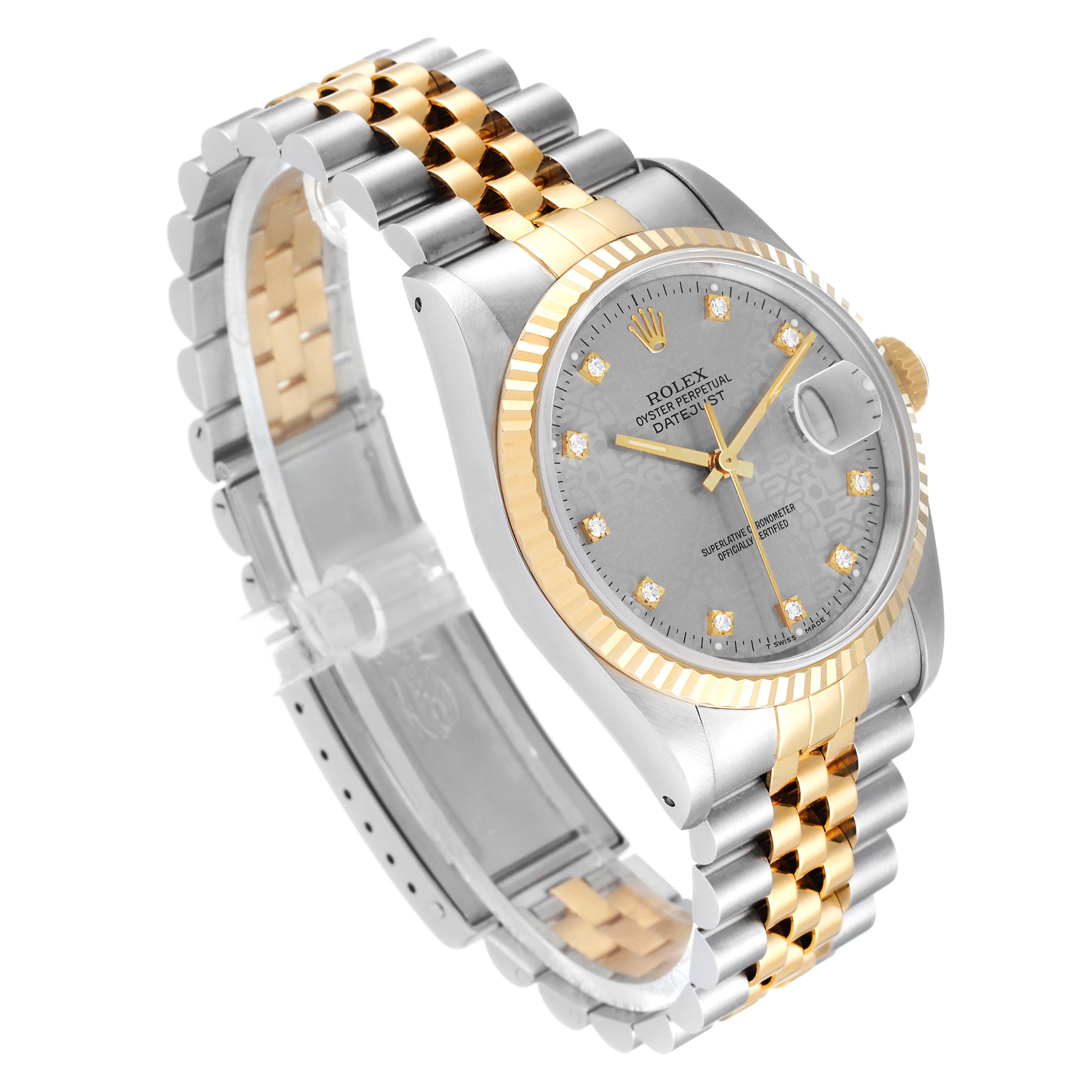 The image shows a Rolex Datejust 16233 Men
s Steel and Gold (two tone) Grey Dial 16233 Men
s Steel and Gold (two tone) Grey Dial watch angled to display its face, fluted bezel, and two-tone bracelet.