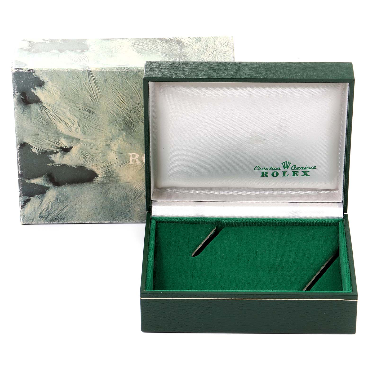 The image shows an open Rolex Datejust 16233 Men
s Steel and Gold (two tone) Grey Dial 16233 Men
s Steel and Gold (two tone) Grey Dial watch box from a frontal angle, with its outer packaging visible behind.