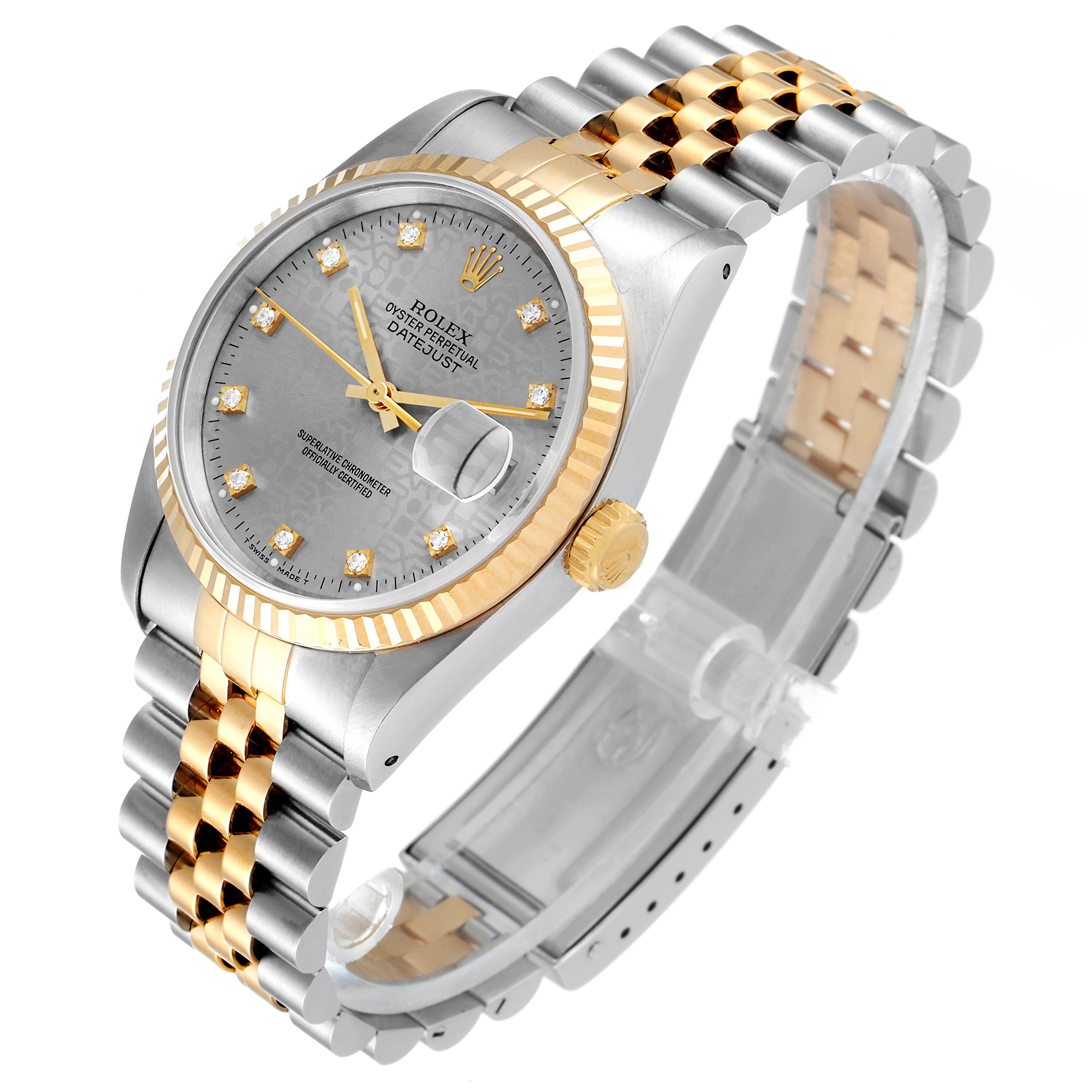 The Rolex Datejust 16233 Men
s Steel and Gold (two tone) Grey Dial 16233 Men
s Steel and Gold (two tone) Grey Dial watch is shown at an angled view, displaying the face, crown, and part of the bracelet.