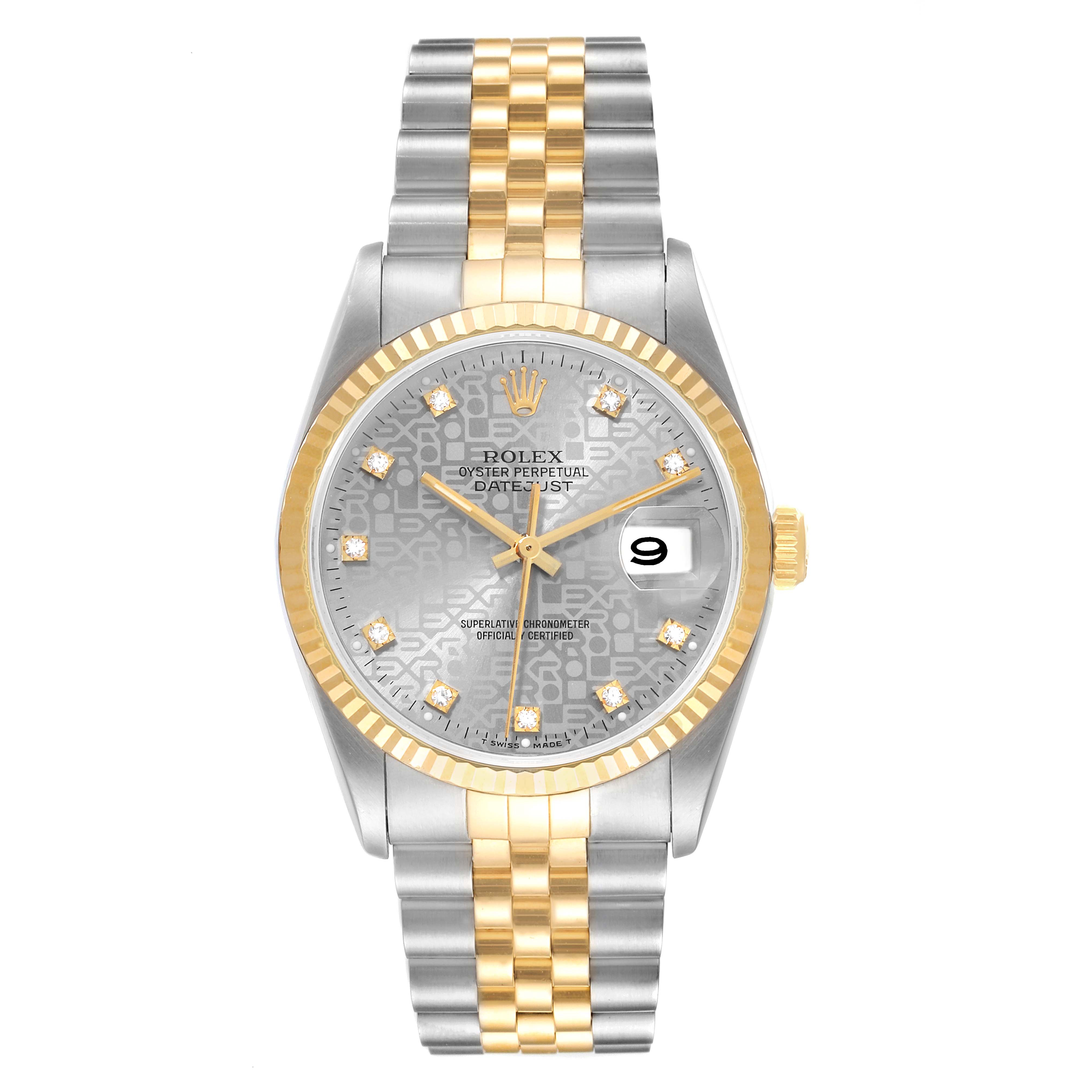 The Rolex Datejust 16233 Men
s Steel and Gold (two tone) Grey Dial 16233 Men
s Steel and Gold (two tone) Grey Dial watch is viewed from the front, showing its face, bezel, and partially the bracelet.