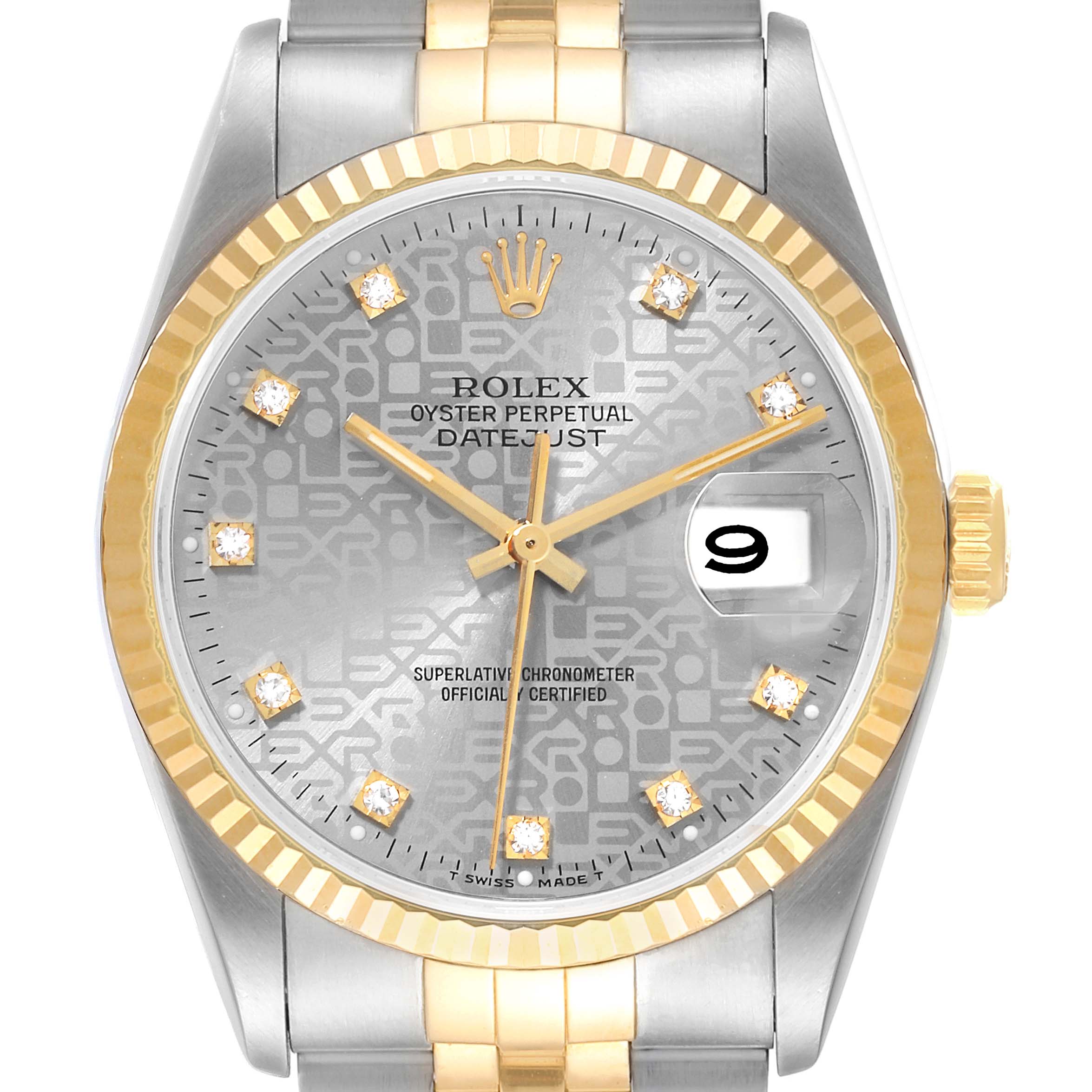 The Rolex Datejust 16233 Men
s Steel and Gold (two tone) Grey Dial 16233 Men
s Steel and Gold (two tone) Grey Dial watch is shown from a front angle, featuring its dial, bezel, crown, and part of the bracelet.
