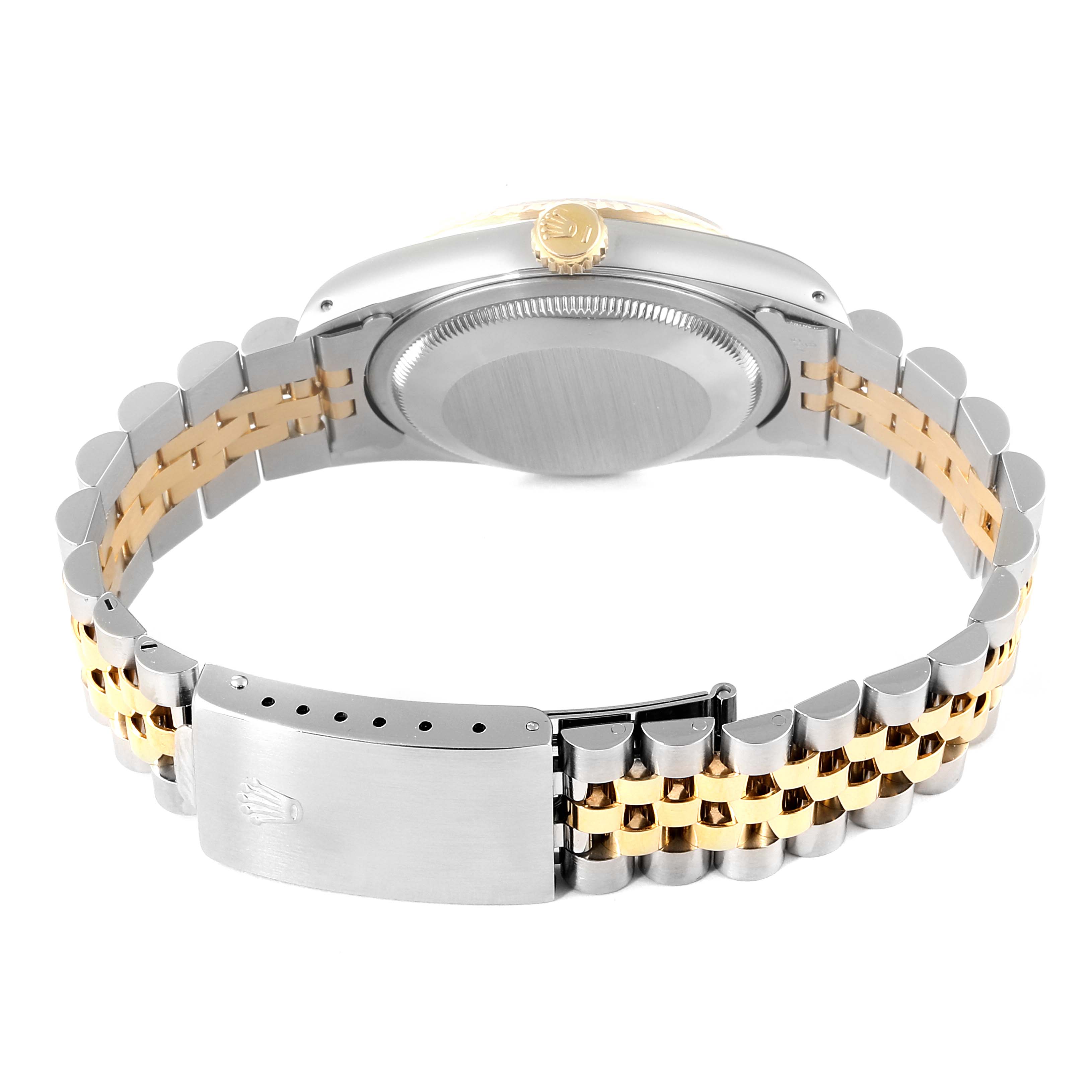 The image shows the back of the Rolex Datejust 16233 Men
s Steel and Gold (two tone) Grey Dial 16233 Men
s Steel and Gold (two tone) Grey Dial watch, highlighting the bracelet and clasp.