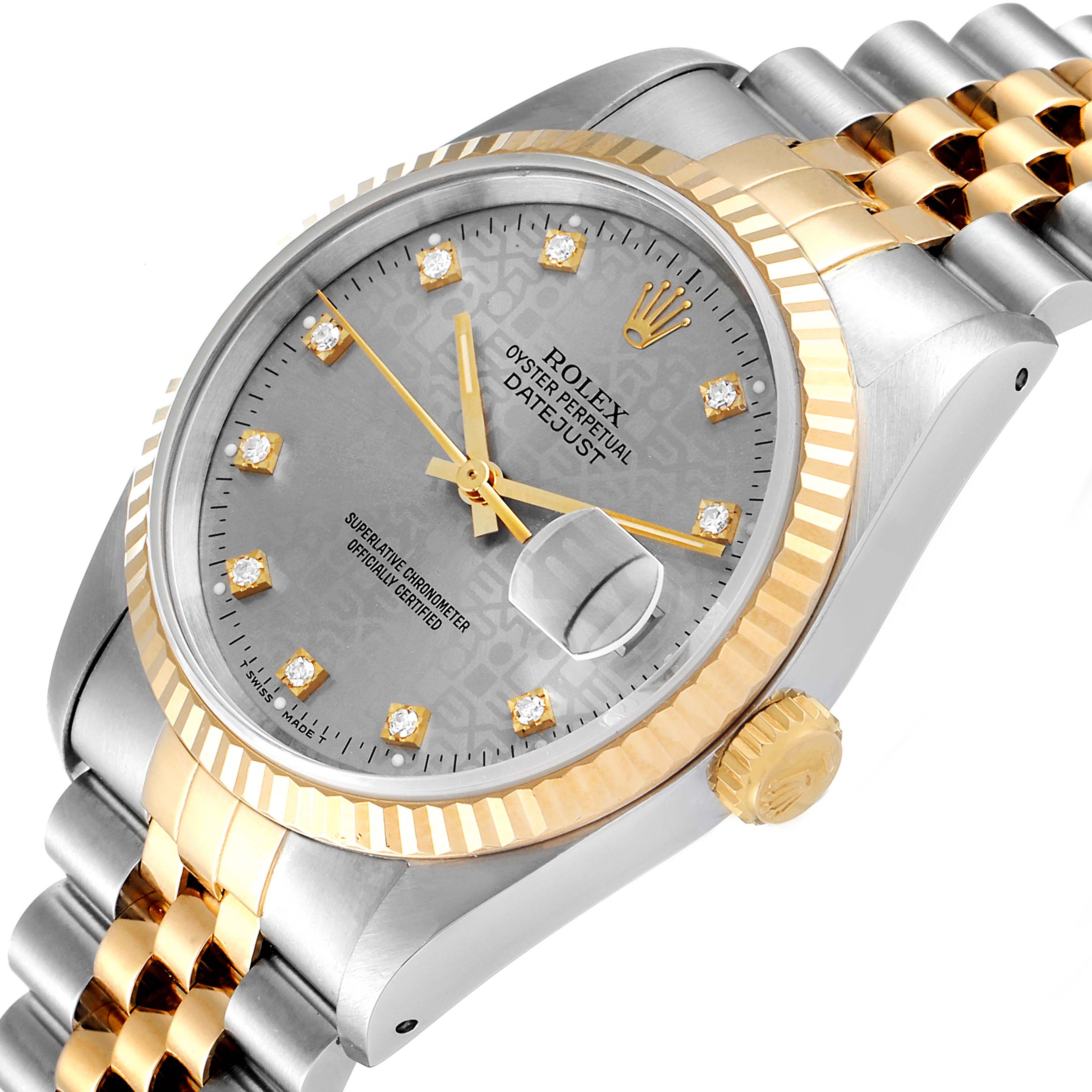 The image shows a Rolex Datejust 16233 Men
s Steel and Gold (two tone) Grey Dial 16233 Men
s Steel and Gold (two tone) Grey Dial watch with a gold and stainless steel bracelet, fluted bezel, and a grey dial with diamond hour markers.
