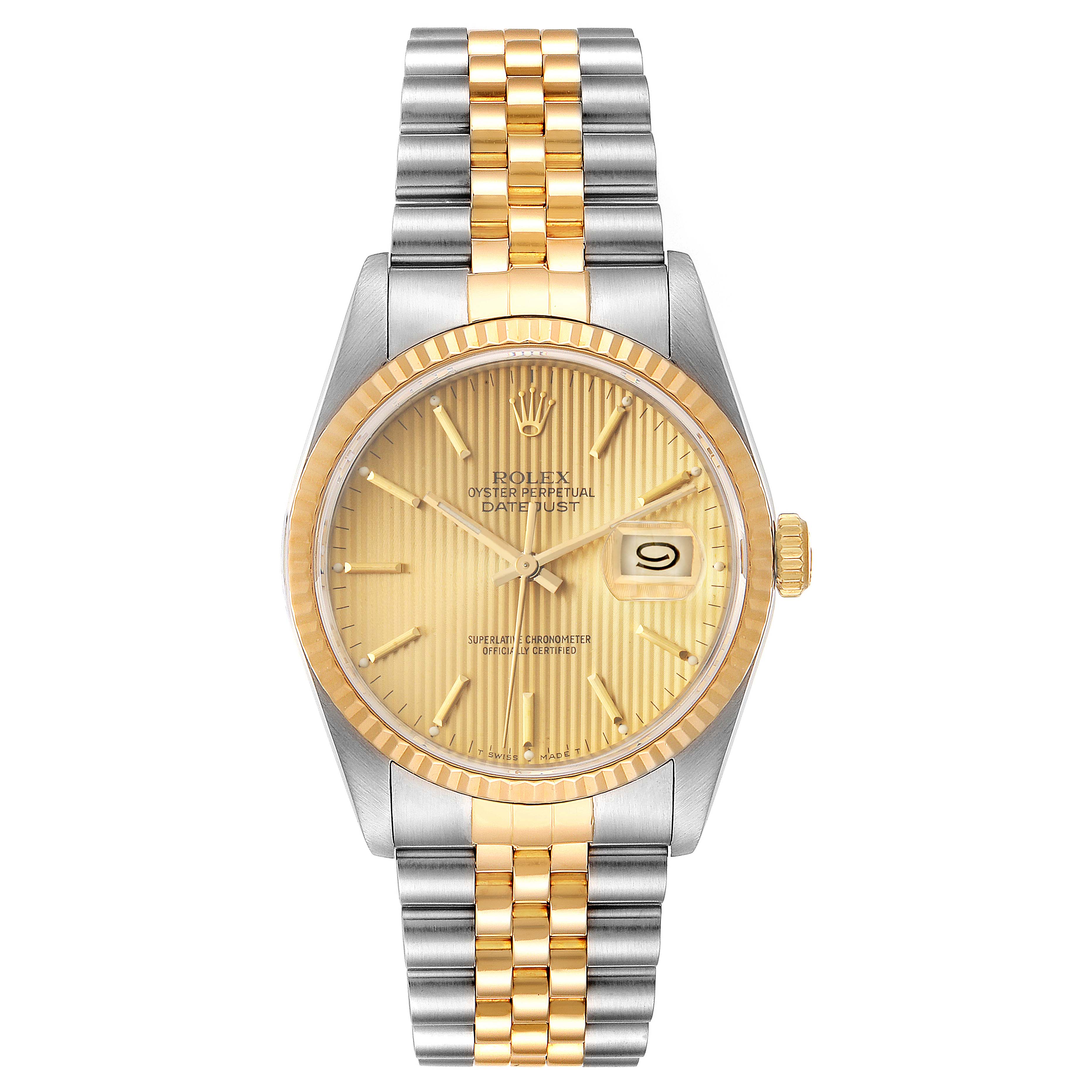 This is a front view of a Rolex Datejust 16233 Men's Steel and Gold (two tone) Champagne Dial 16233 Men's Steel and Gold (two tone) Champagne Dial watch, showing the bracelet, dial, bezel, crown, and date window.