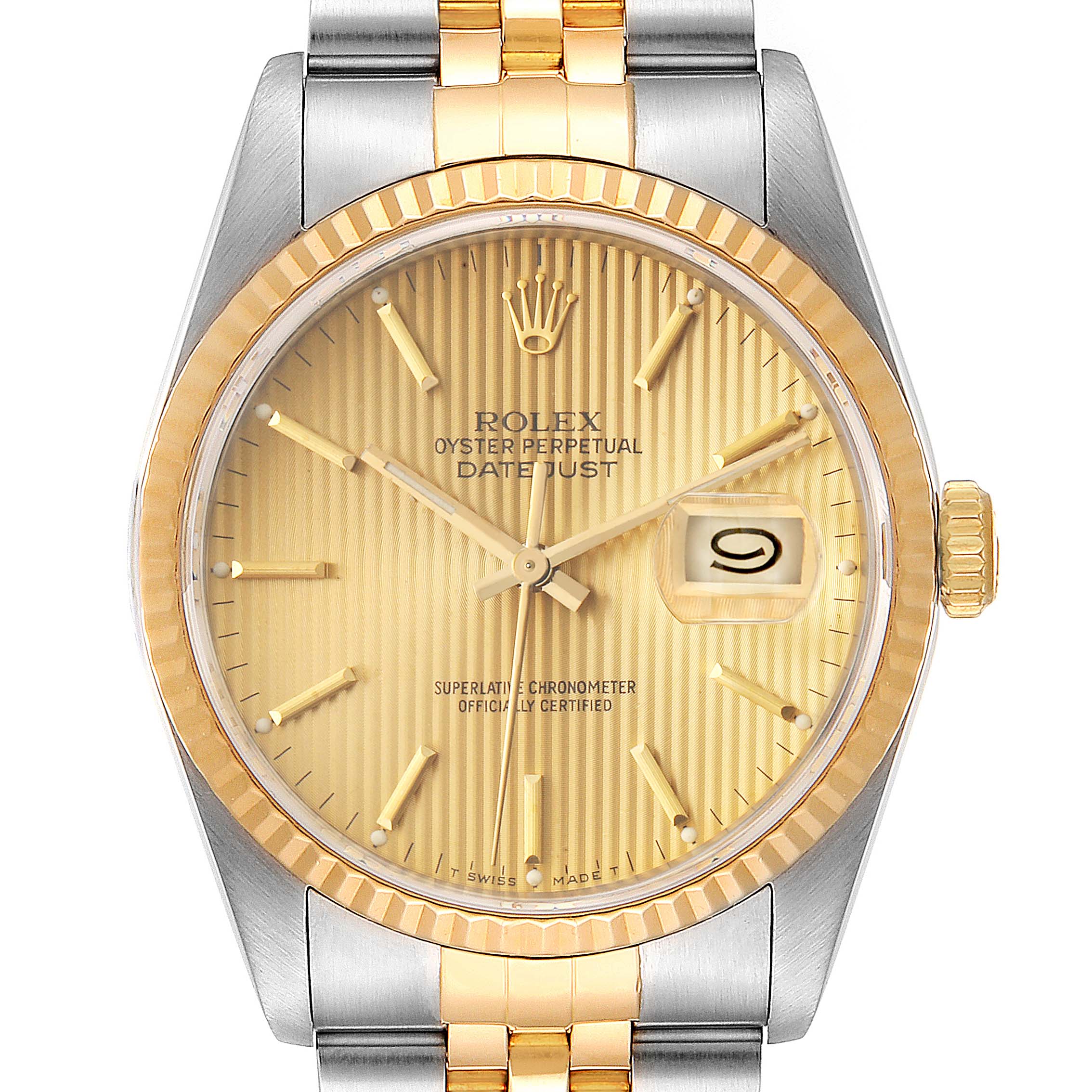 The image shows a frontal view of a Rolex Datejust 16233 Men's Steel and Gold (two tone) Champagne Dial 16233 Men's Steel and Gold (two tone) Champagne Dial watch, highlighting its gold dial, date window, and two-tone bracelet.