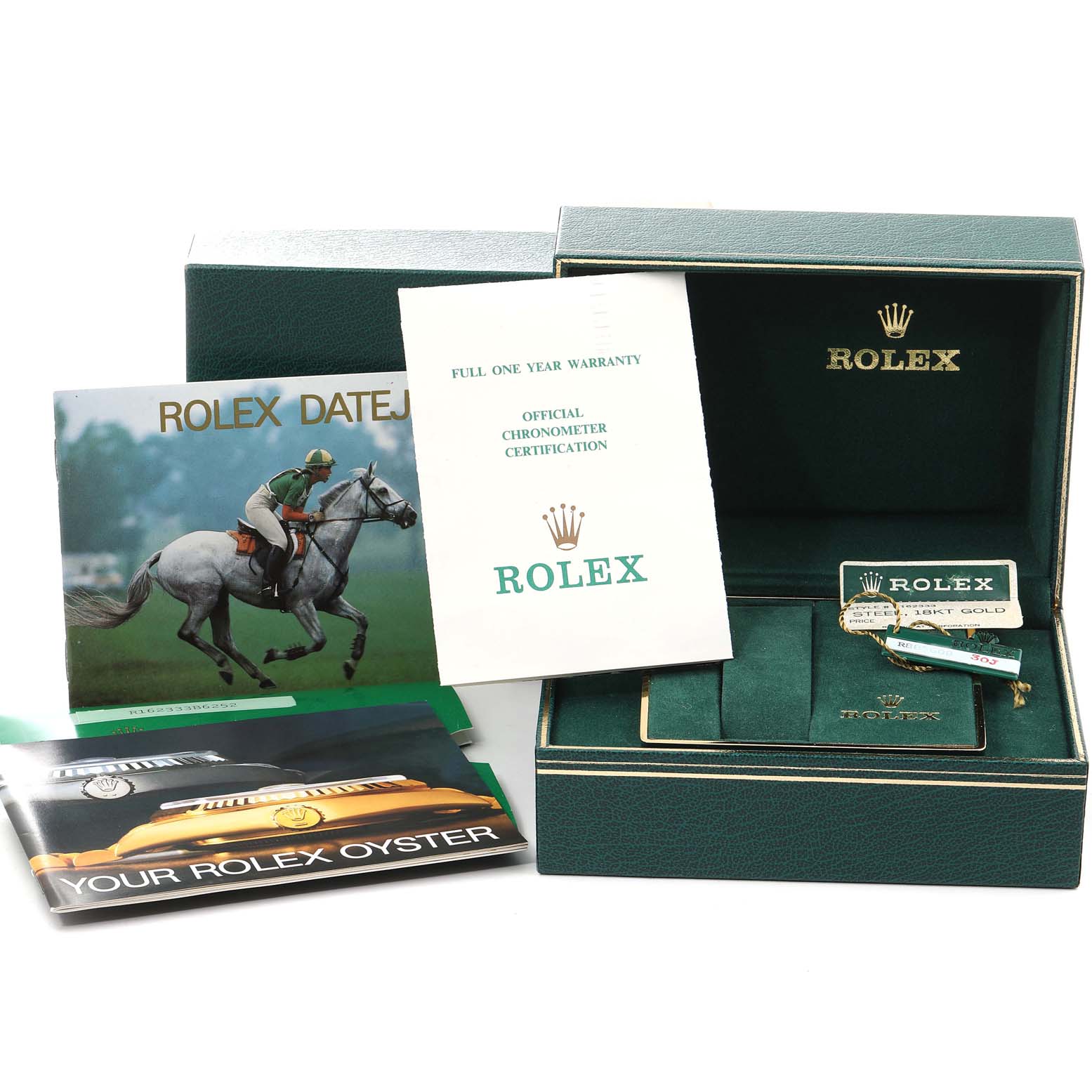 The image shows a Rolex Datejust 16233 Men's Steel and Gold (two tone) Champagne Dial 16233 Men's Steel and Gold (two tone) Champagne Dial watch box with warranty cards, manuals, and a tag, viewed from an overhead angle.