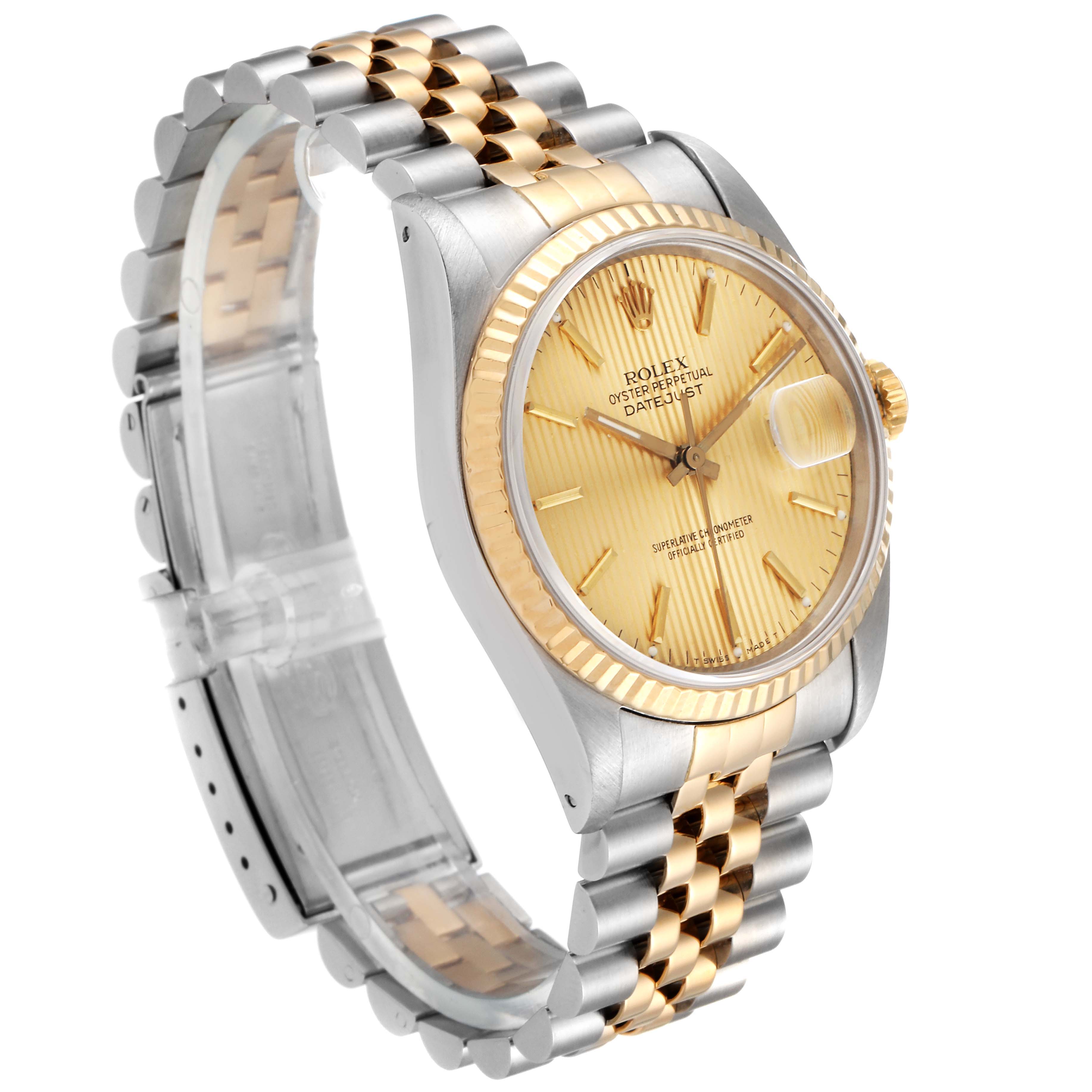 The image shows a Rolex Datejust 16233 Men's Steel and Gold (two tone) Champagne Dial 16233 Men's Steel and Gold (two tone) Champagne Dial watch with a two-tone bracelet and gold dial, viewed at a three-quarter angle.