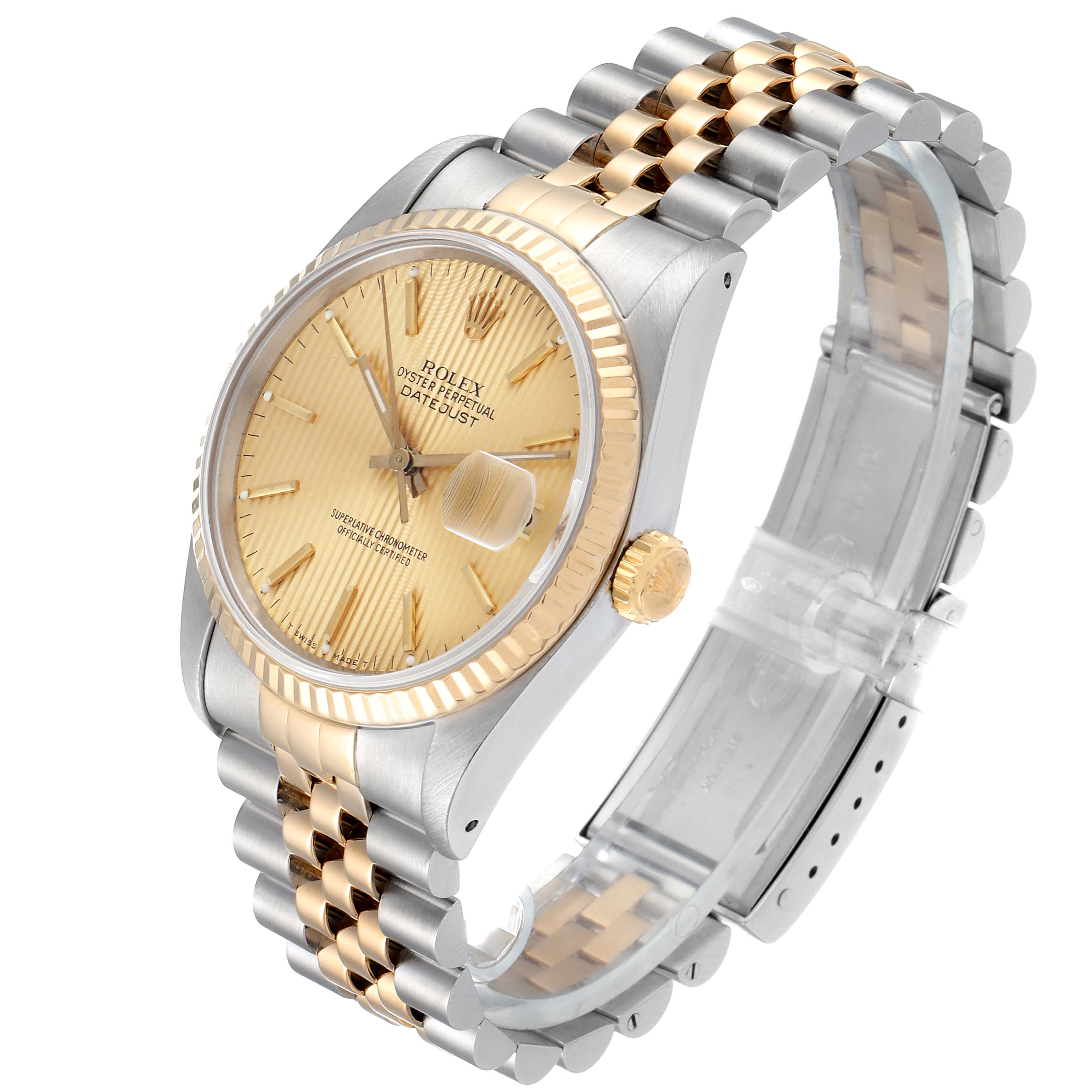 This image shows a three-quarter top-side view of a Rolex Datejust 16233 Men's Steel and Gold (two tone) Champagne Dial 16233 Men's Steel and Gold (two tone) Champagne Dial, highlighting the dial, bezel, crown, and jubilee bracelet.