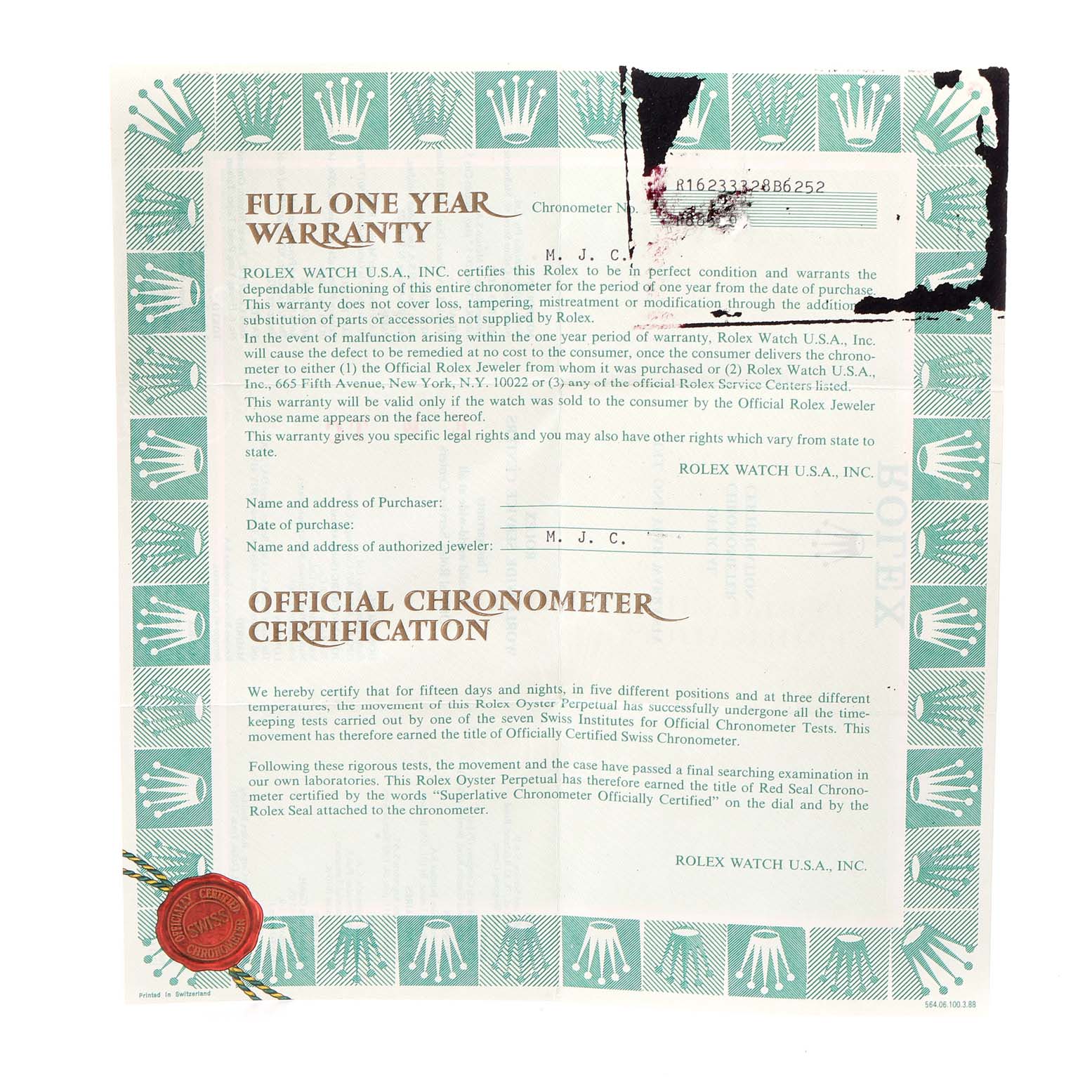 The image shows an official warranty and chronometer certification for a Rolex Datejust 16233 Men's Steel and Gold (two tone) Champagne Dial 16233 Men's Steel and Gold (two tone) Champagne Dial model.