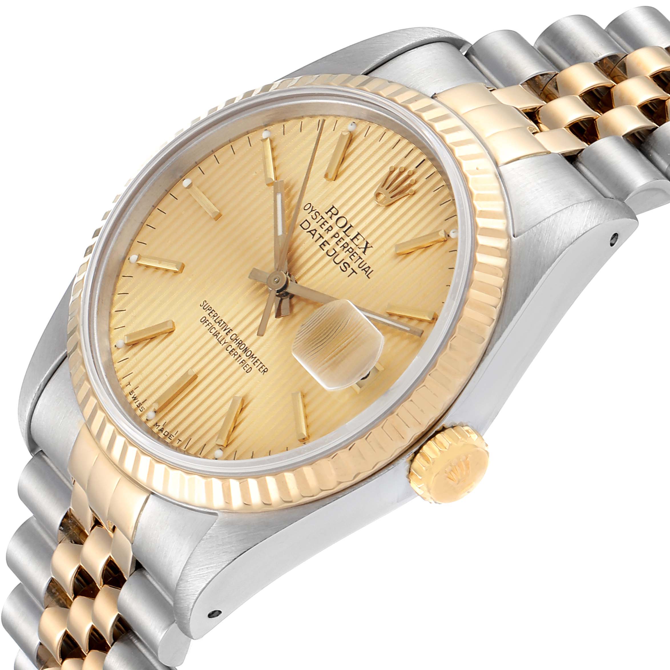 The image shows a side angle of the Rolex Datejust 16233 Men's Steel and Gold (two tone) Champagne Dial 16233 Men's Steel and Gold (two tone) Champagne Dial watch, highlighting the dial, bezel, crown, and part of the bracelet.