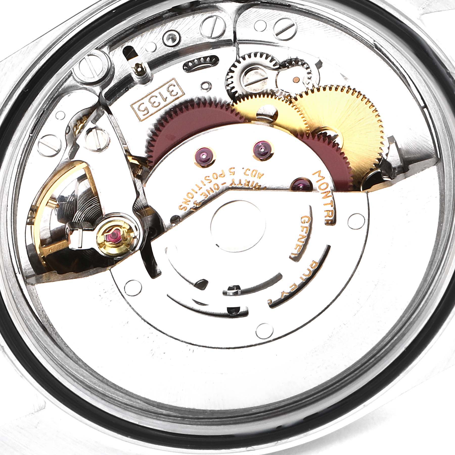 This image shows the internal movement of a Rolex Datejust 16233 Men's Steel and Gold (two tone) Champagne Dial 16233 Men's Steel and Gold (two tone) Champagne Dial watch, viewed from the back.