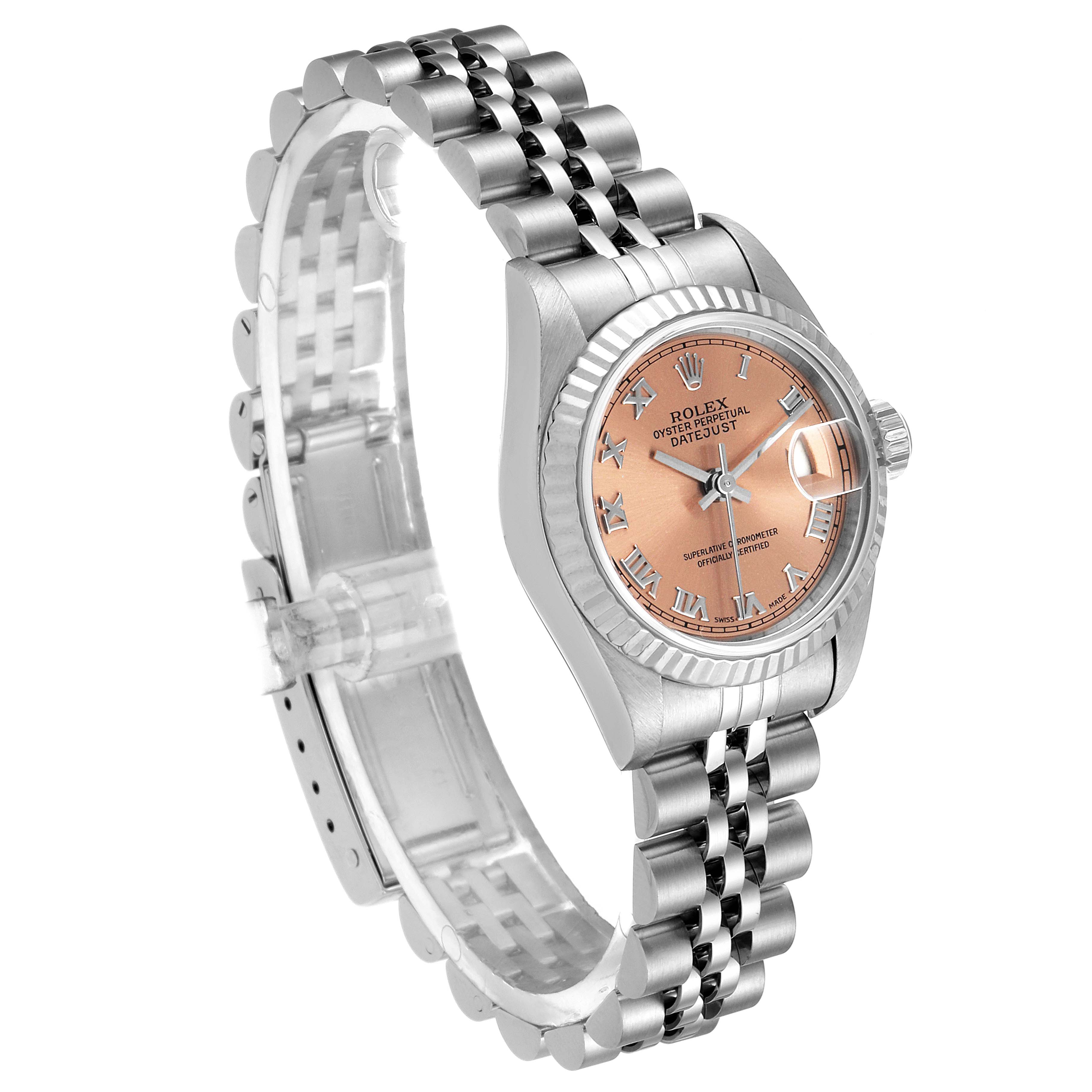 The Rolex Datejust 69174 Women's Stainless Steel Pink Dial 69174 Women's Stainless Steel Pink Dial watch is shown at a three-quarter angle, displaying the face, bezel, crown, and bracelet.