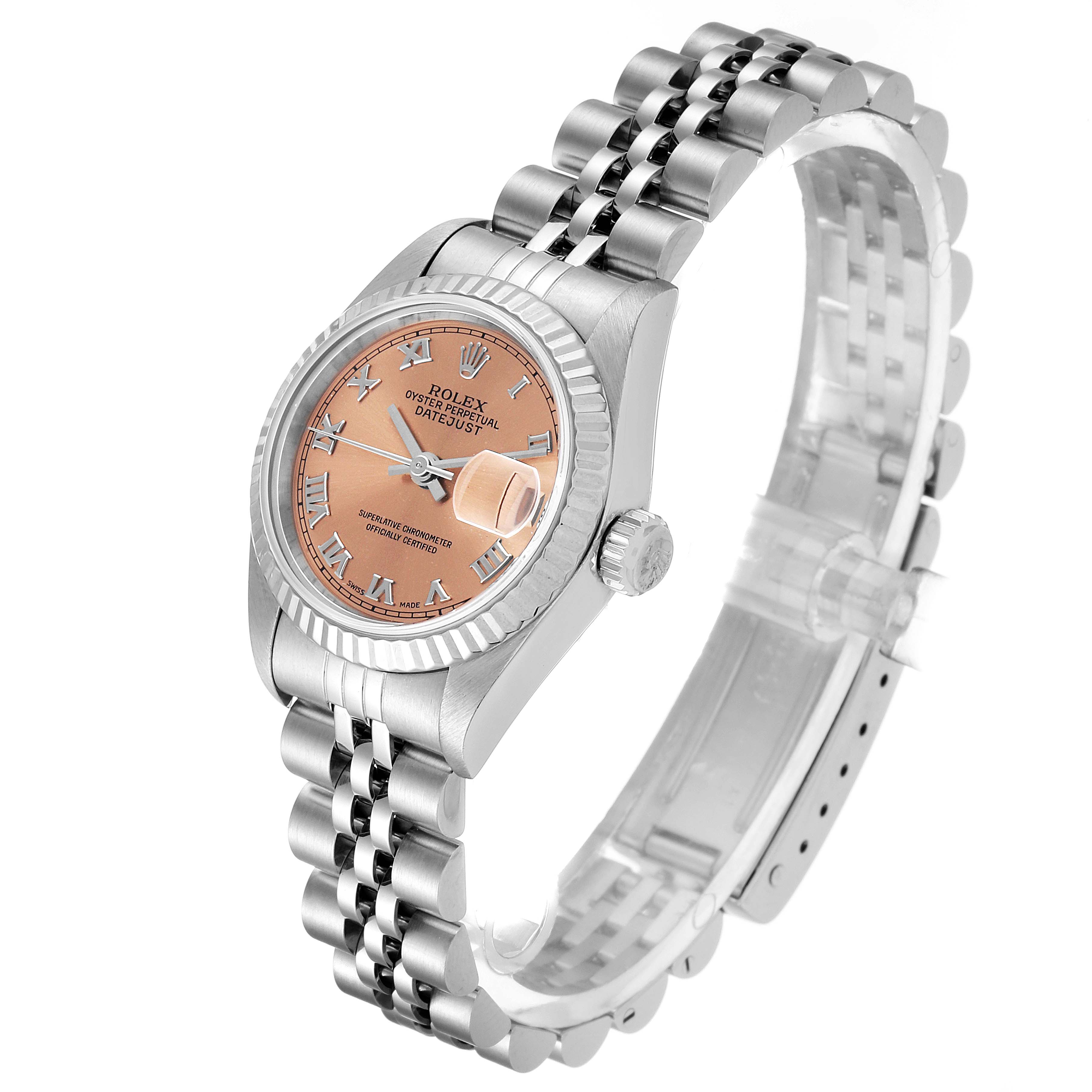 This image shows a Rolex Datejust 69174 Women's Stainless Steel Pink Dial 69174 Women's Stainless Steel Pink Dial watch at a three-quarter angle, highlighting its dial, bezel, crown, and bracelet.