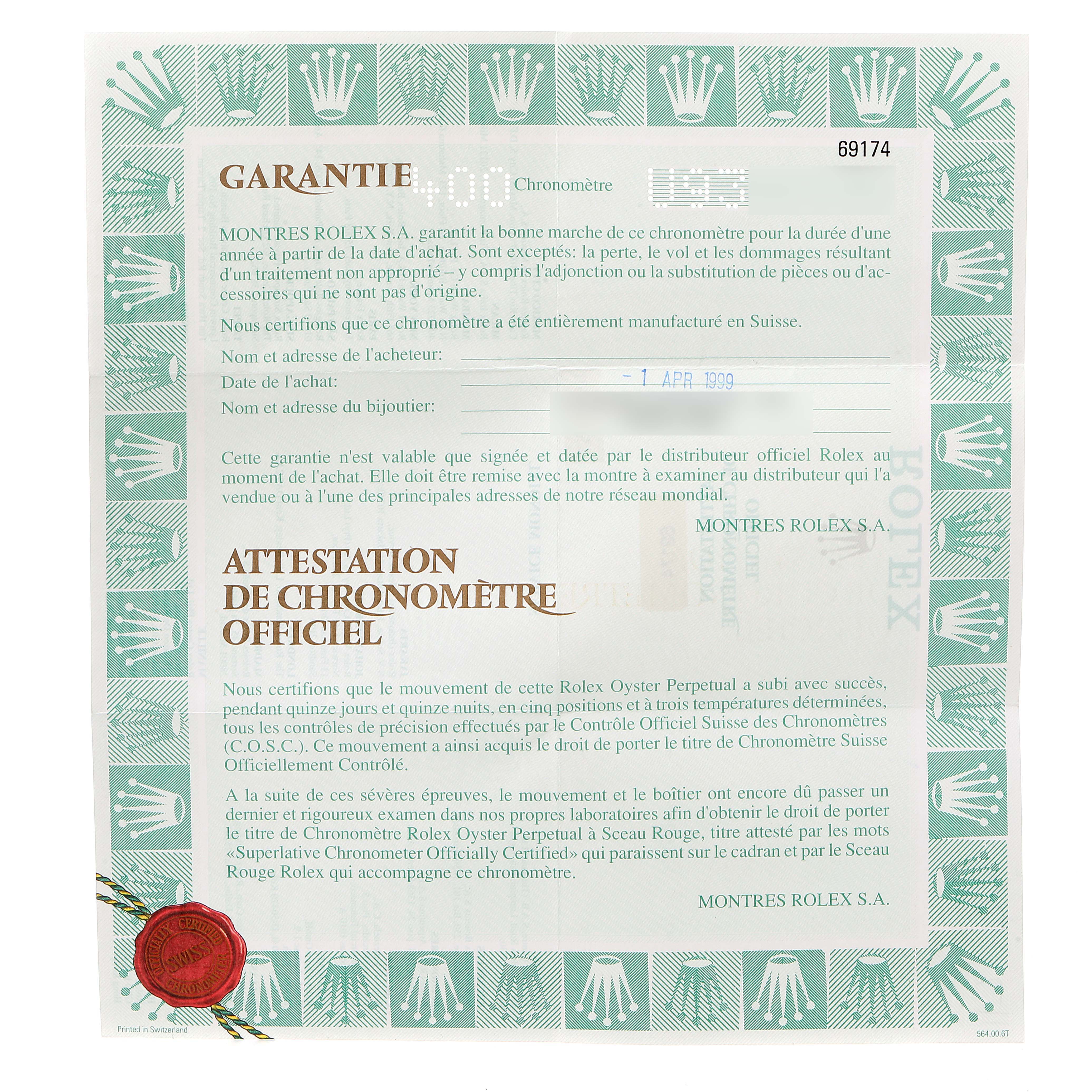 The image shows a Rolex Datejust 69174 Women's Stainless Steel Pink Dial 69174 Women's Stainless Steel Pink Dial warranty certificate with green decorative borders and a red seal.