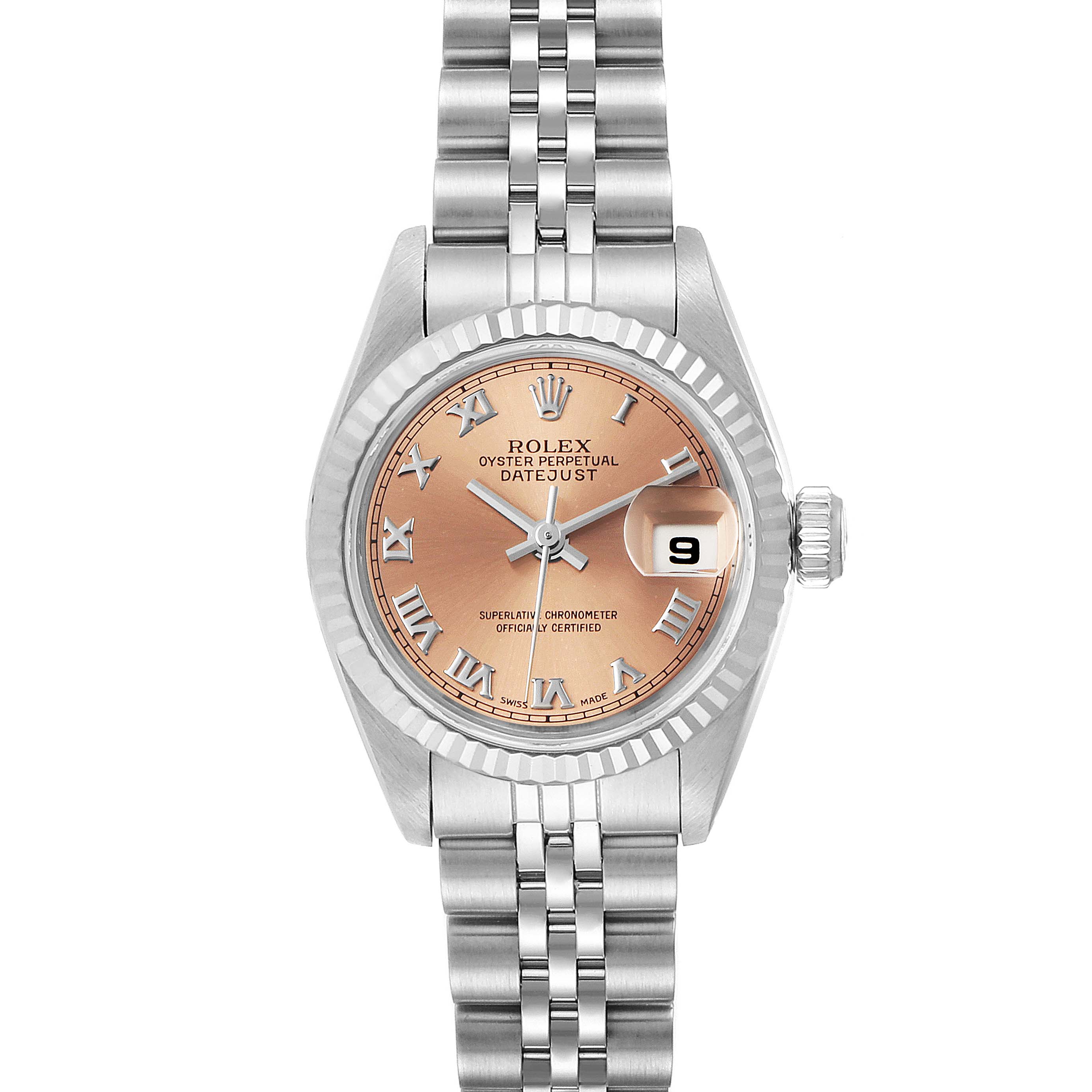 This Rolex Datejust 69174 Women's Stainless Steel Pink Dial 69174 Women's Stainless Steel Pink Dial watch is shown from a straight-on angle, displaying the entire face, bezel, and bracelet.