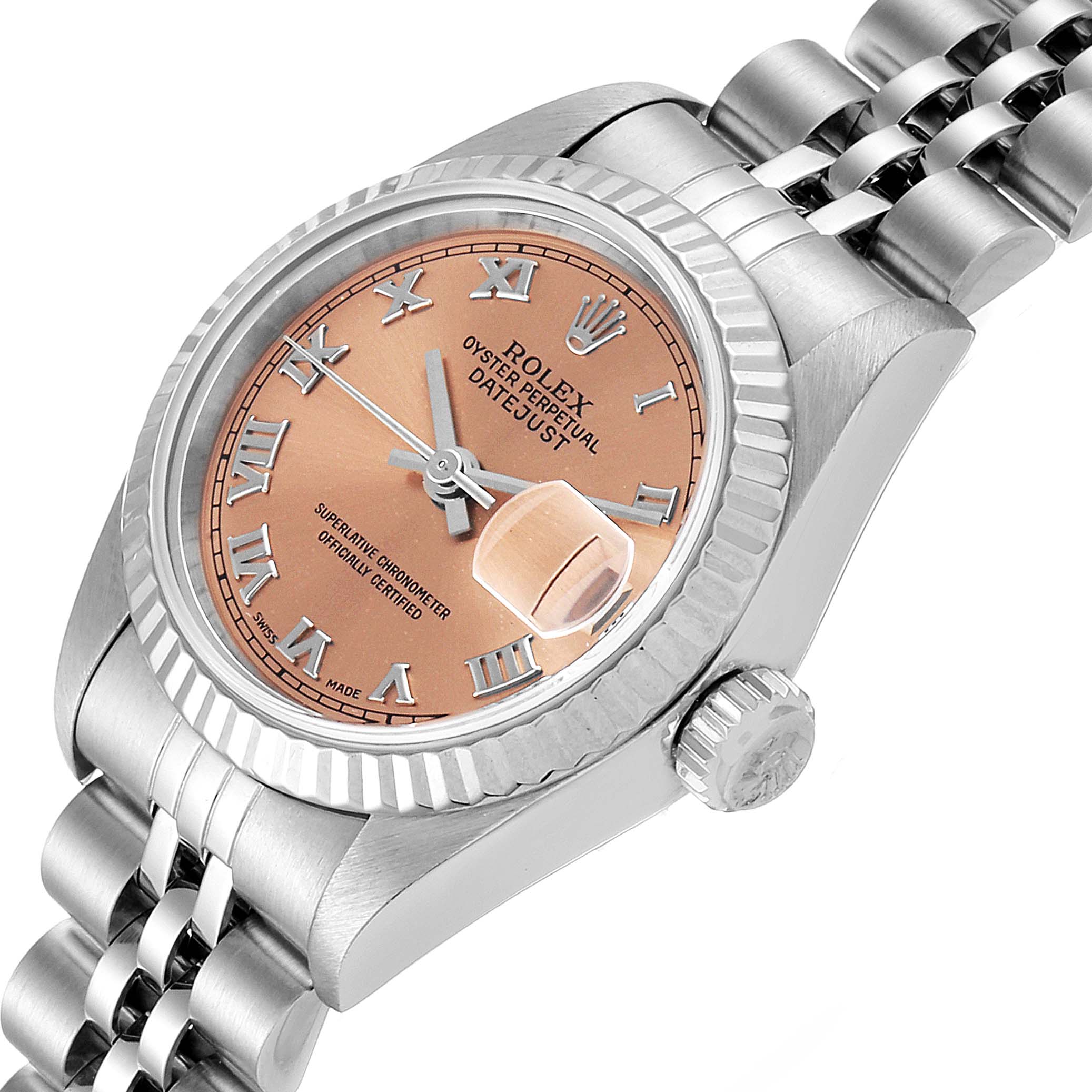 The image shows a Rolex Datejust 69174 Women's Stainless Steel Pink Dial 69174 Women's Stainless Steel Pink Dial watch from a front angle, including the bezel, case, dial, crown, and part of the bracelet.