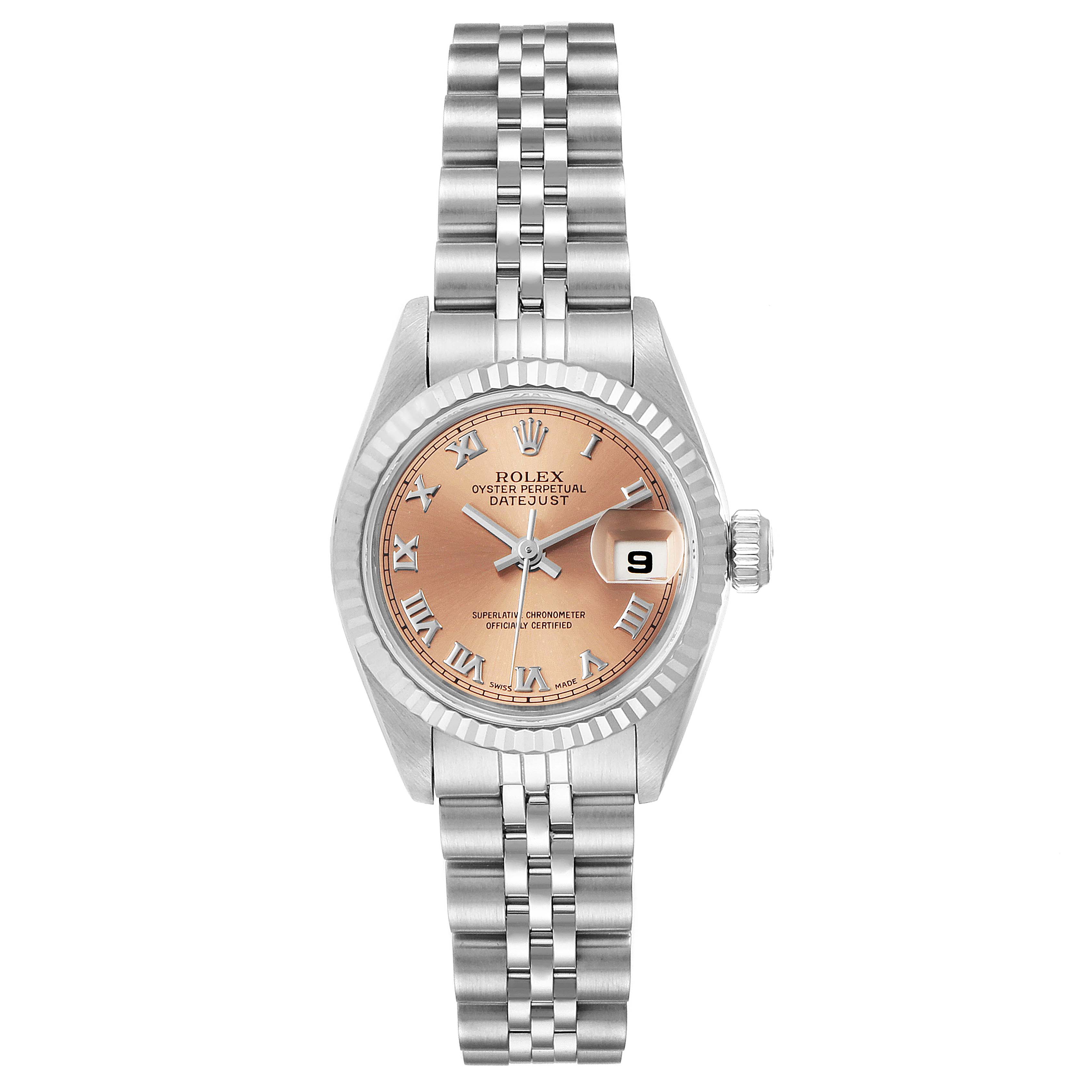 The image shows a Rolex Datejust 69174 Women's Stainless Steel Pink Dial 69174 Women's Stainless Steel Pink Dial watch from the front, displaying the dial, bezel, bracelet, and date window.