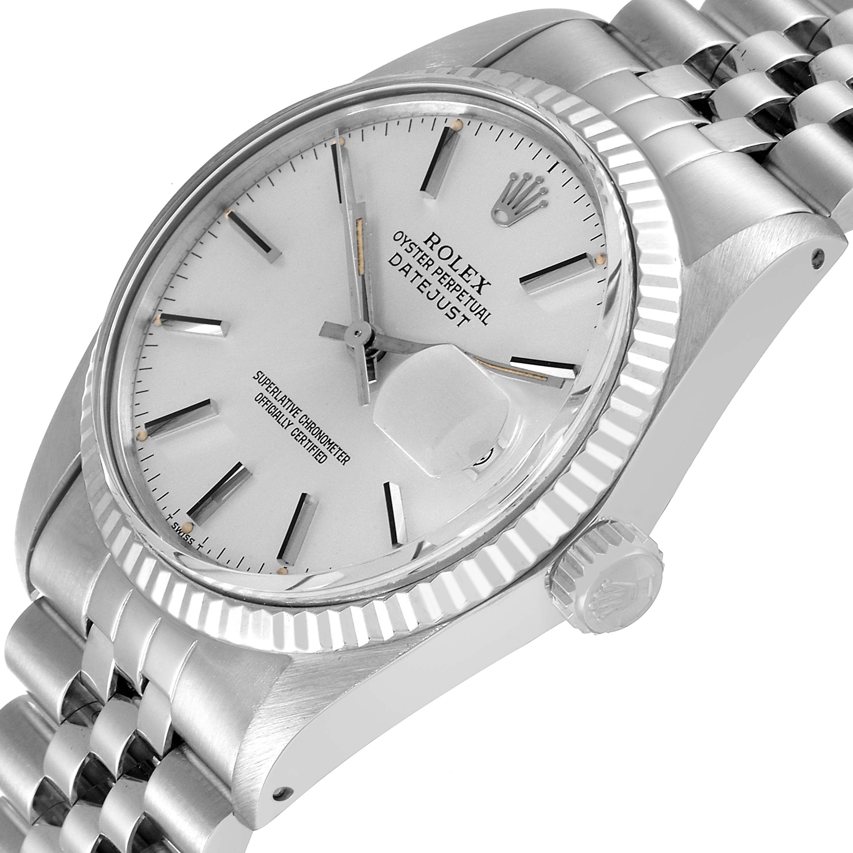 The image displays a Rolex Vintage Collection 16014 Men
s Stainless Steel Silver Dial 16014 Men
s Stainless Steel Silver Dial model watch at an angled close-up, showing the dial, case, crown, and part of the bracelet.