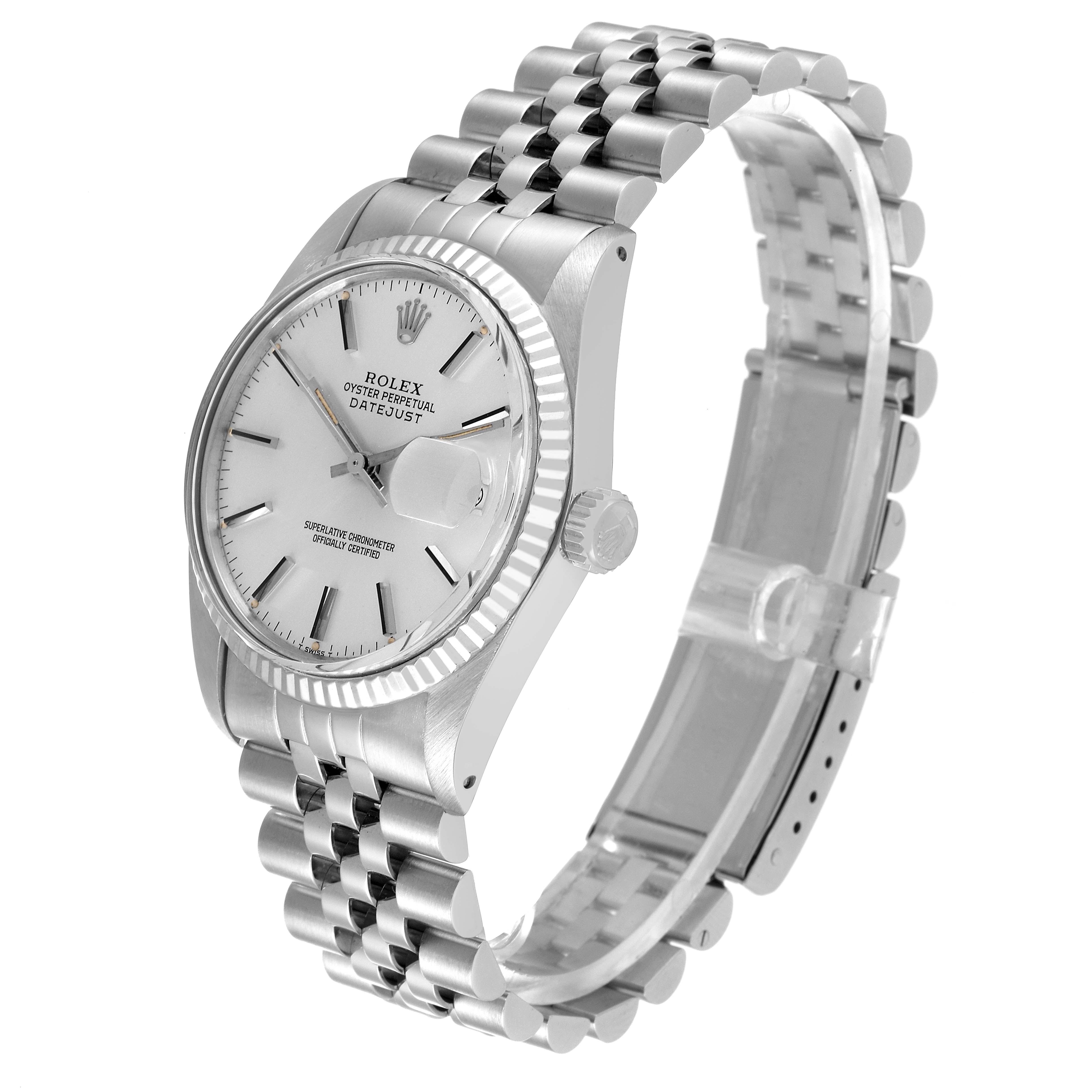 The Rolex Vintage Collection 16014 Men
s Stainless Steel Silver Dial 16014 Men
s Stainless Steel Silver Dial model watch is shown at a three-quarter angle, showcasing the face, bezel, crown, and bracelet.