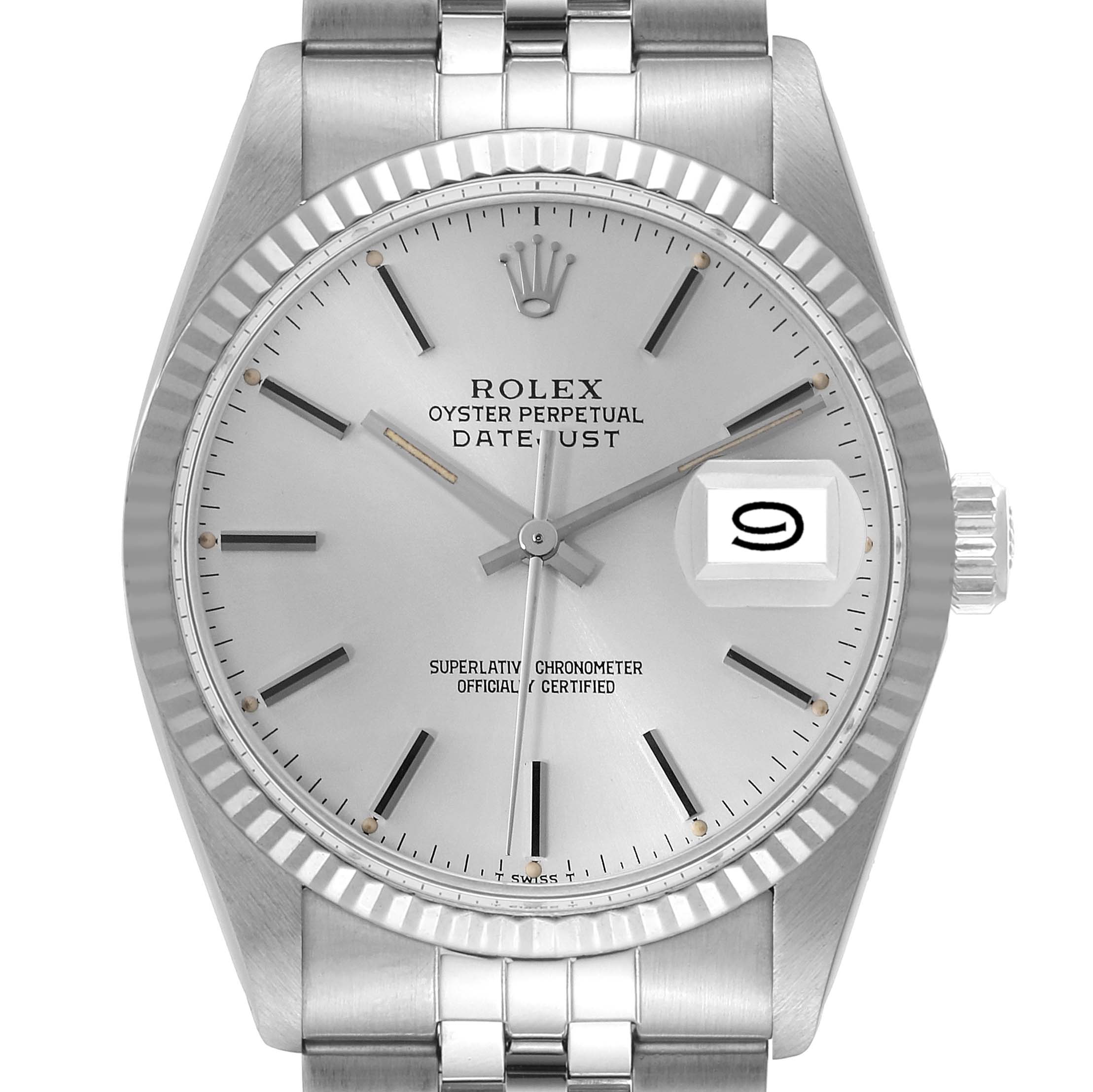 The image shows a front view of the Rolex Vintage Collection 16014 Men
s Stainless Steel Silver Dial 16014 Men
s Stainless Steel Silver Dial Oyster Perpetual Datejust watch, displaying the dial, bezel, and part of the bracelet.