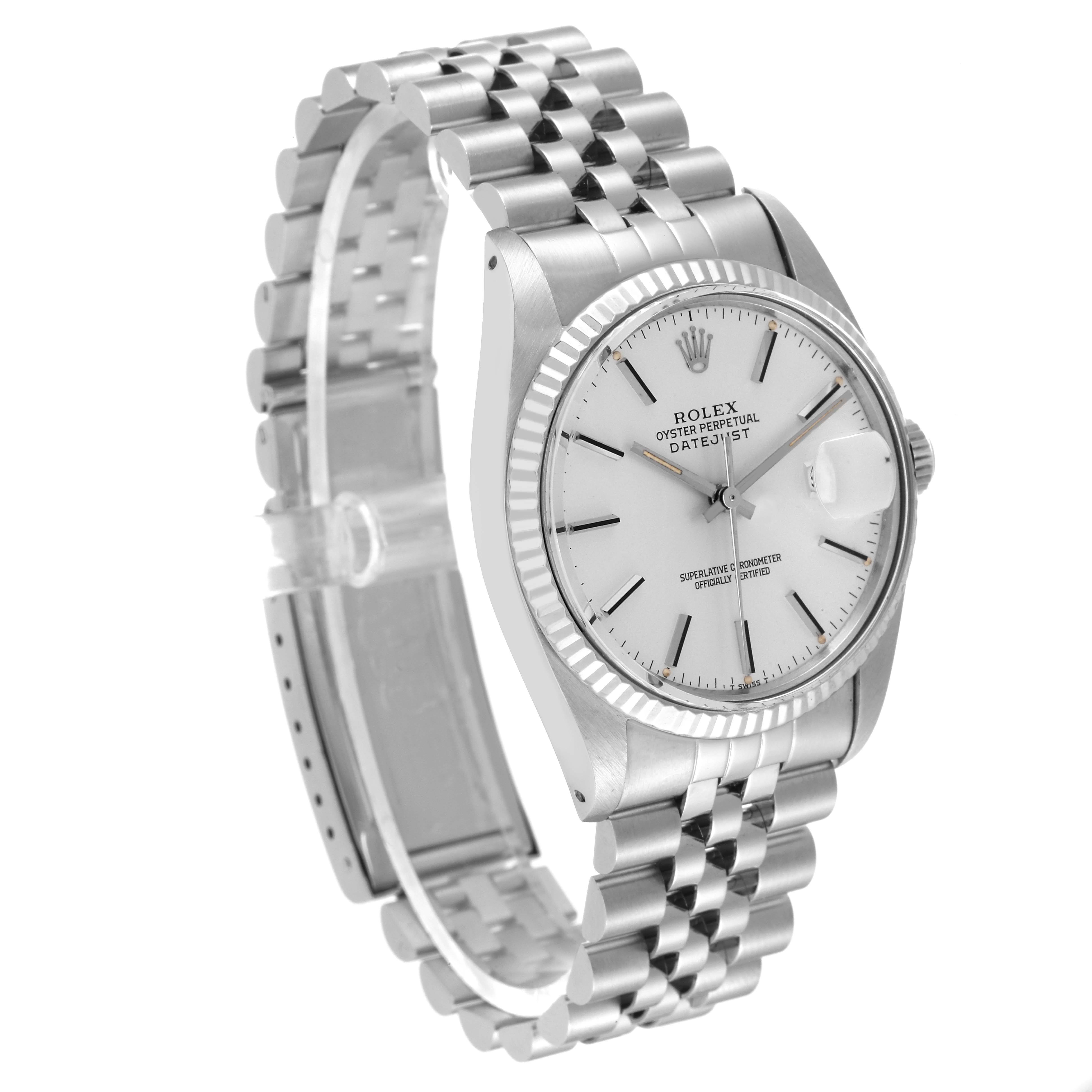The image shows a side-angle view of the Rolex Vintage Collection 16014 Men
s Stainless Steel Silver Dial 16014 Men
s Stainless Steel Silver Dial Datejust watch, featuring its bezel, dial, and bracelet.