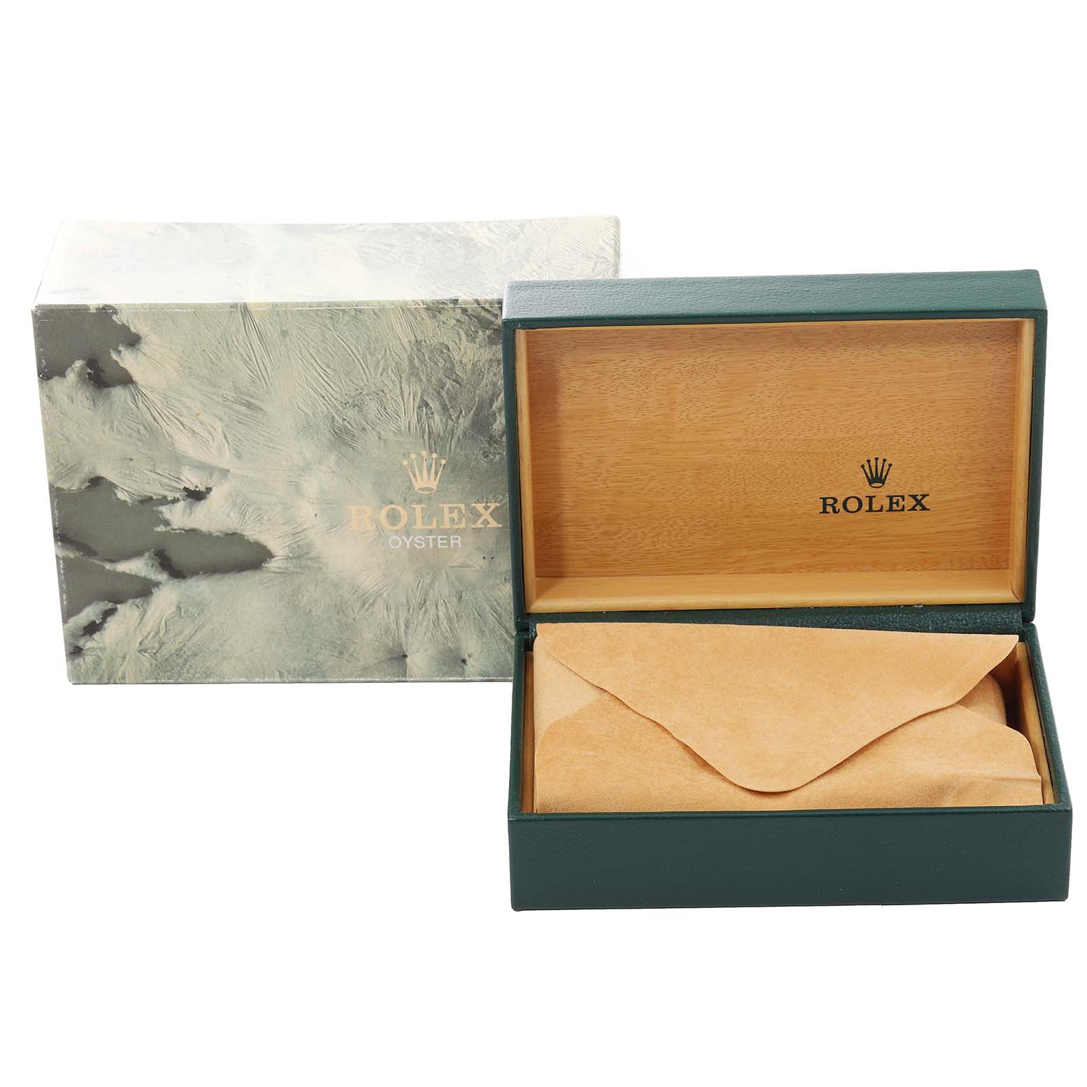 This image shows an open and empty watch box with a protective sleeve for the Rolex Vintage Collection 16014 Men
s Stainless Steel Silver Dial 16014 Men
s Stainless Steel Silver Dial model.