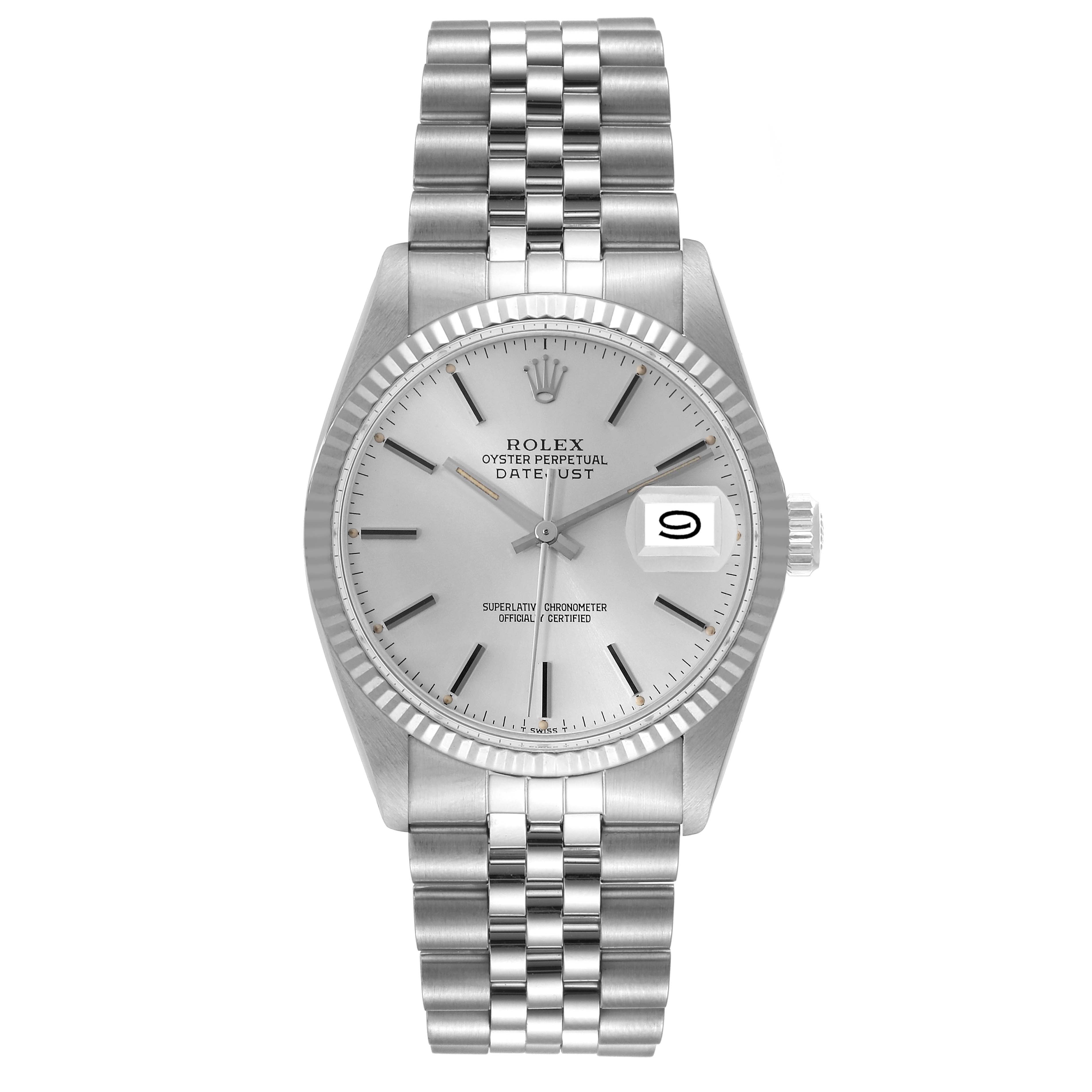 The image shows a front view of the Rolex Vintage Collection 16014 Men
s Stainless Steel Silver Dial 16014 Men
s Stainless Steel Silver Dial Datejust watch, featuring its dial, bezel, bracelet, and date window.