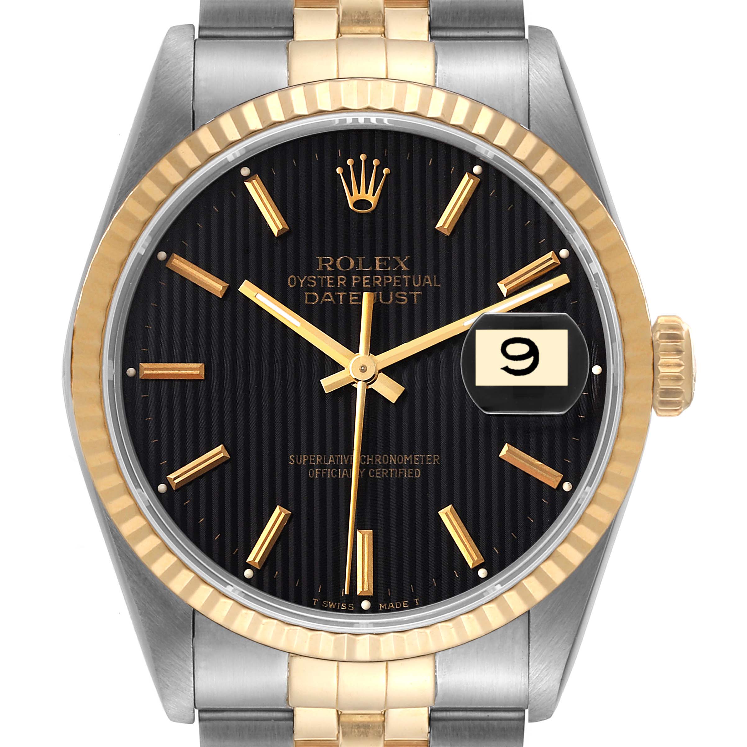 This image shows a front view of the Rolex Datejust 16233 Men's Steel and Gold (two tone) Black Dial 16233 Men's Steel and Gold (two tone) Black Dial watch, highlighting the dial, bezel, crown, and part of the bracelet.