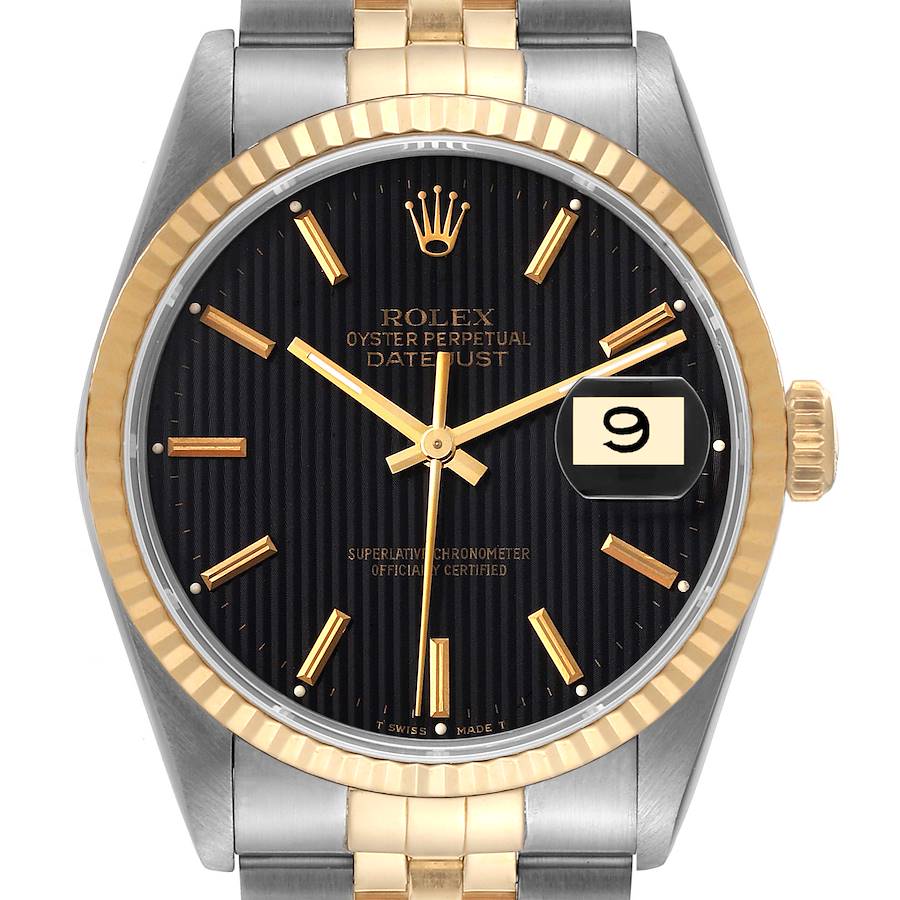 Rolex Datejust Steel Yellow Gold Black Tapestry Dial Mens Watch 16233 SwissWatchExpo