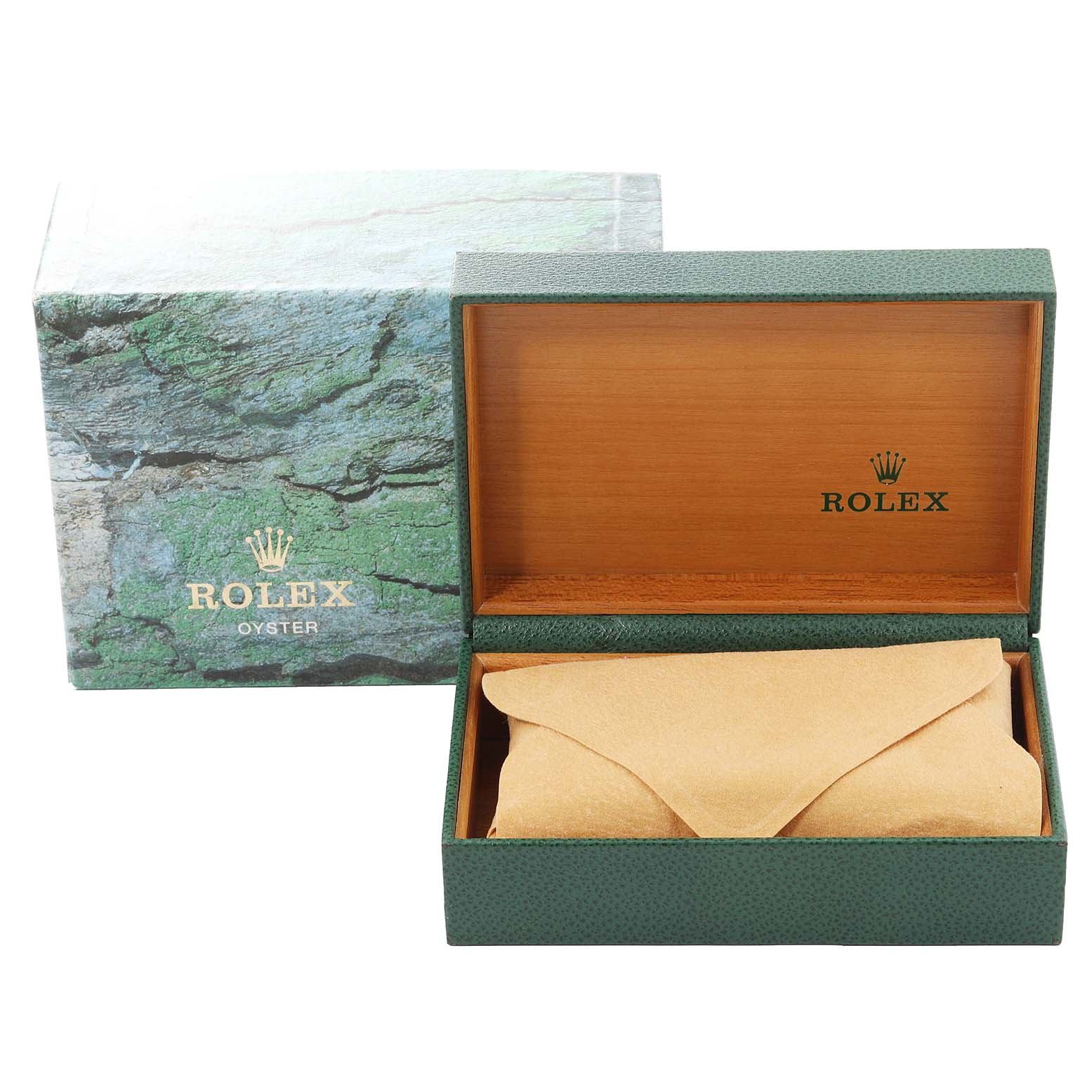 The image shows the packaging and box of a Rolex Datejust 16233 Men's Steel and Gold (two tone) Black Dial 16233 Men's Steel and Gold (two tone) Black Dial watch, including an opened green and wooden inner box and a closed outer box.