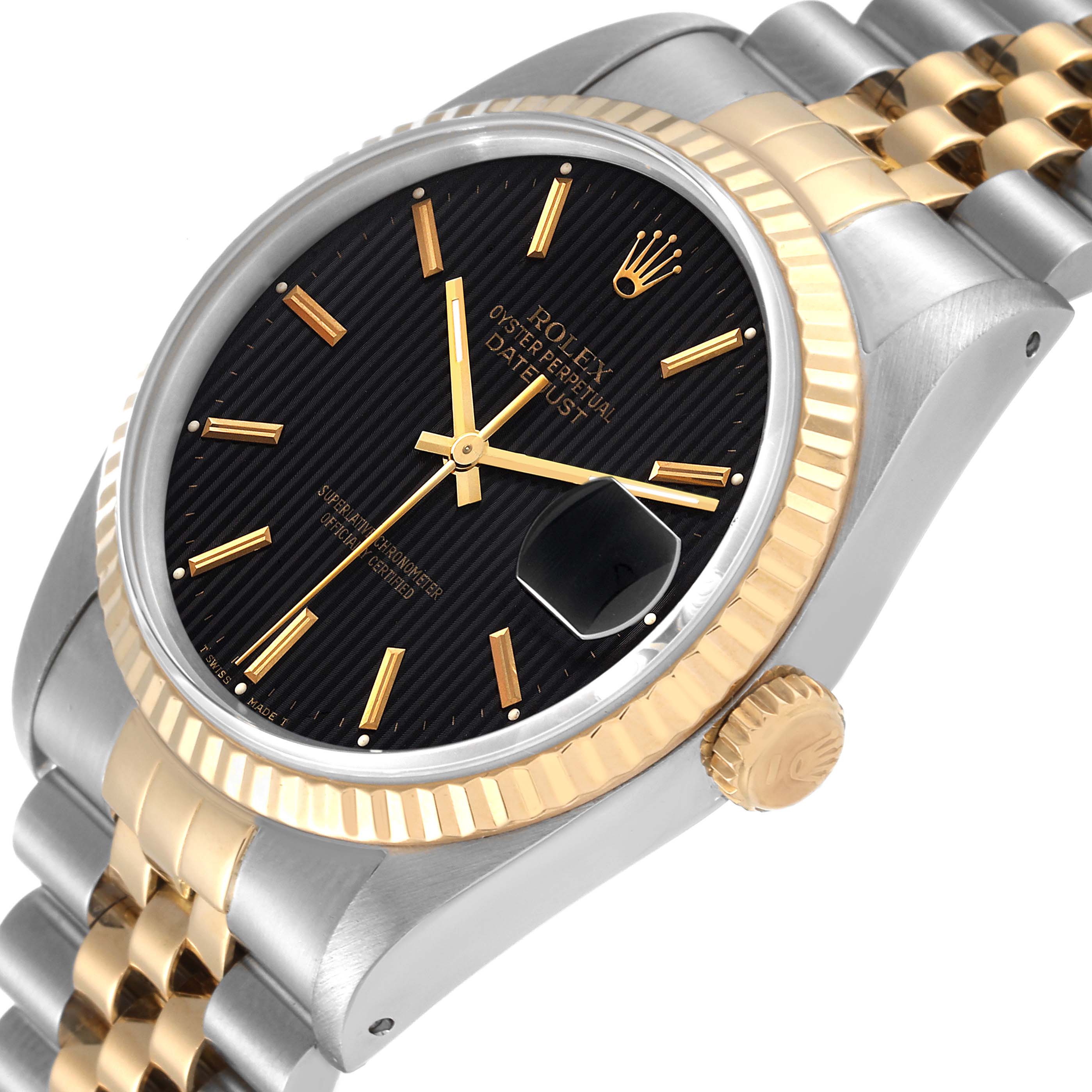The image shows a Rolex Datejust 16233 Men's Steel and Gold (two tone) Black Dial 16233 Men's Steel and Gold (two tone) Black Dial watch at a slight angle, highlighting the black dial, gold bezel, and jubilee bracelet.