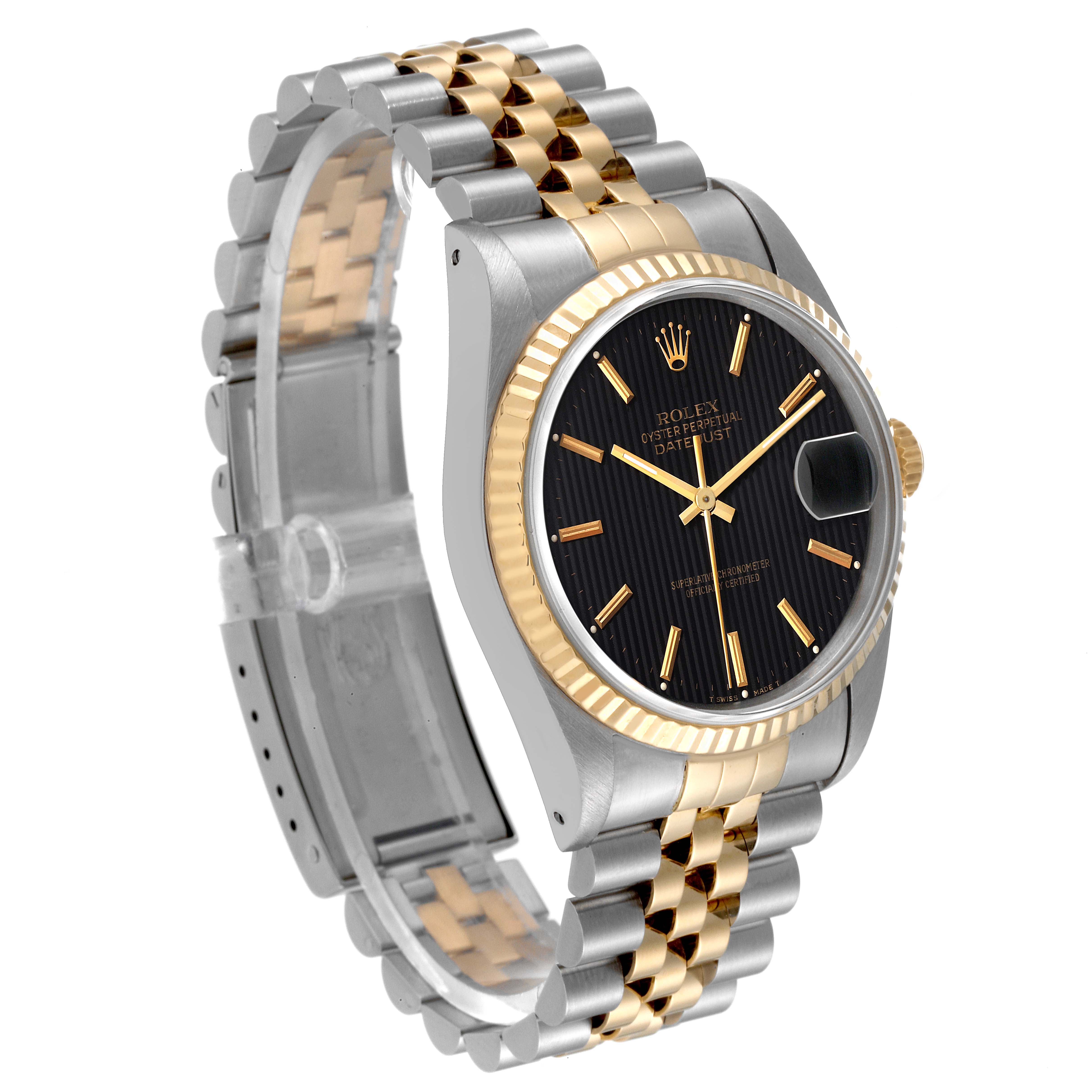 The Rolex Datejust 16233 Men's Steel and Gold (two tone) Black Dial 16233 Men's Steel and Gold (two tone) Black Dial watch is shown at an oblique angle, highlighting its black dial, fluted bezel, and two-tone bracelet.